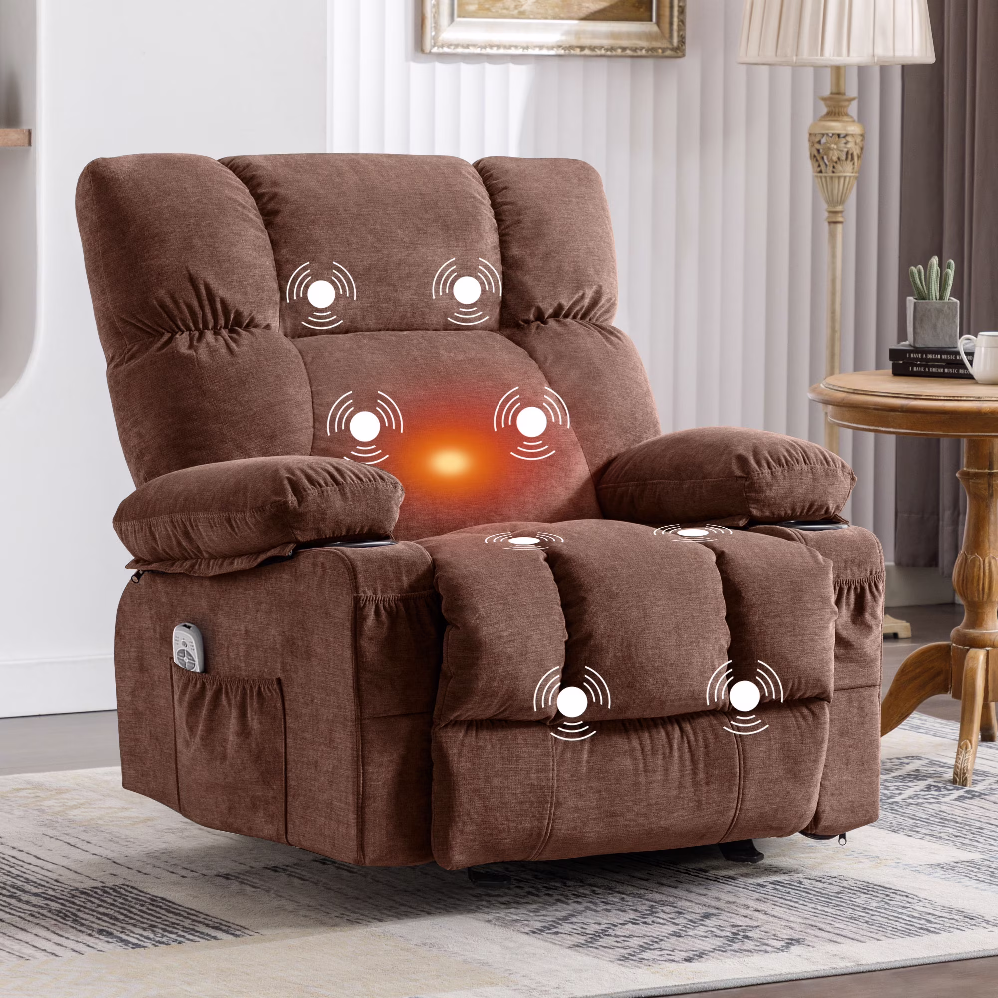 Manual Recliner Chair with Heat Therapy and Massage Function, Heavy Duty Reclining Mechanism Massage Chair, Elderly Single Rocker Sofa with Cup Holders for Bedroom Home Theater,Grey(Regular-Grey) - Image 5