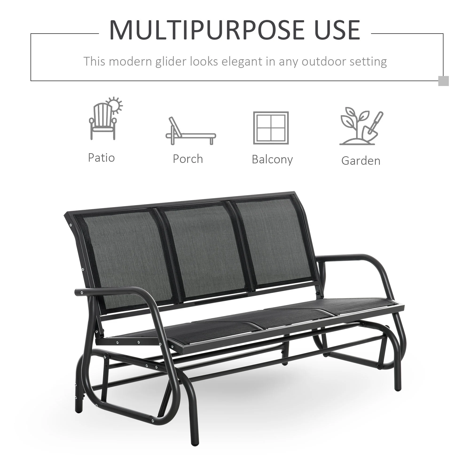 Patio Glider Bench, Outdoor Porch Glider Swing with 3 Seats, Breathable Mesh Fabric, Metal Frame, Black(Black) Image 4