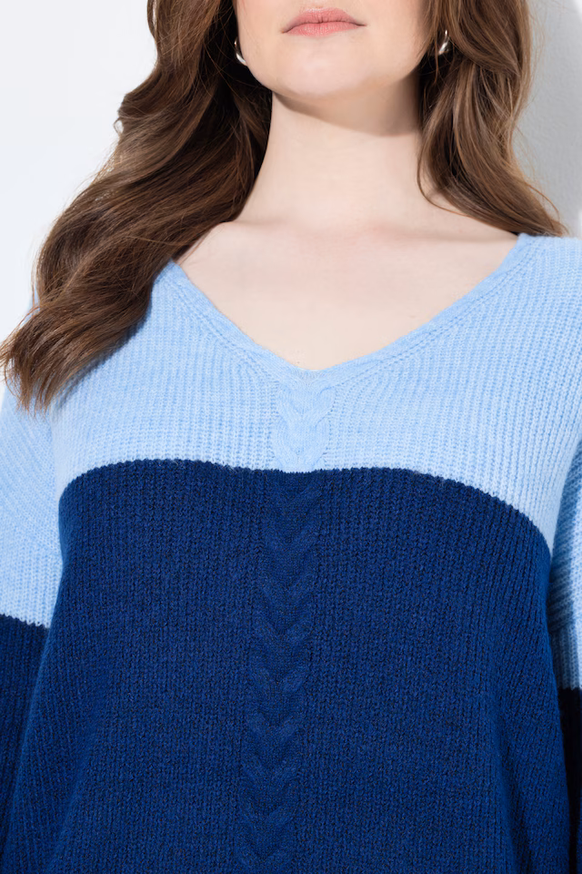 Cable Knit Block Stripe V-Neck Sweater