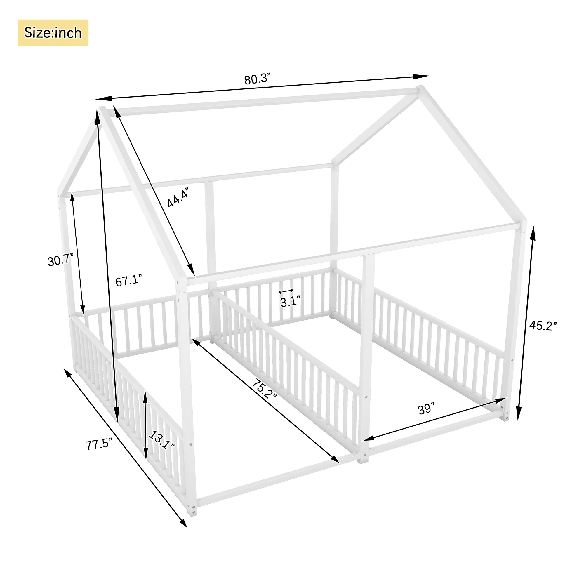 Double Twin Size Floor Bed, Metal Shared Platform Beds for 2 Kids, Montessori House Bed for Toddler Boys Girls Teens(White)(White) - Image 7