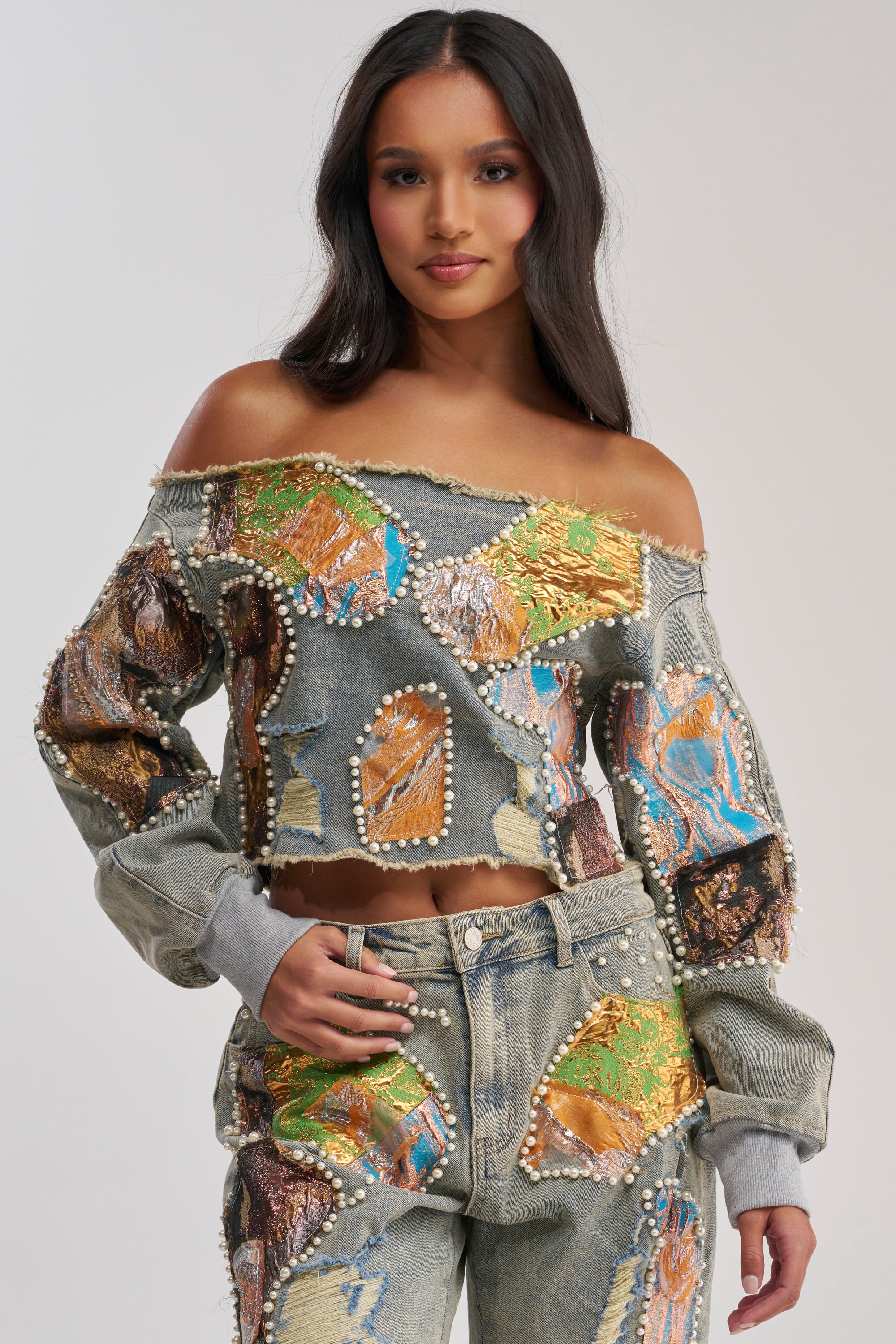 PATCHED UP BROCADE DENIM SWEATSHIRT - Akira Store