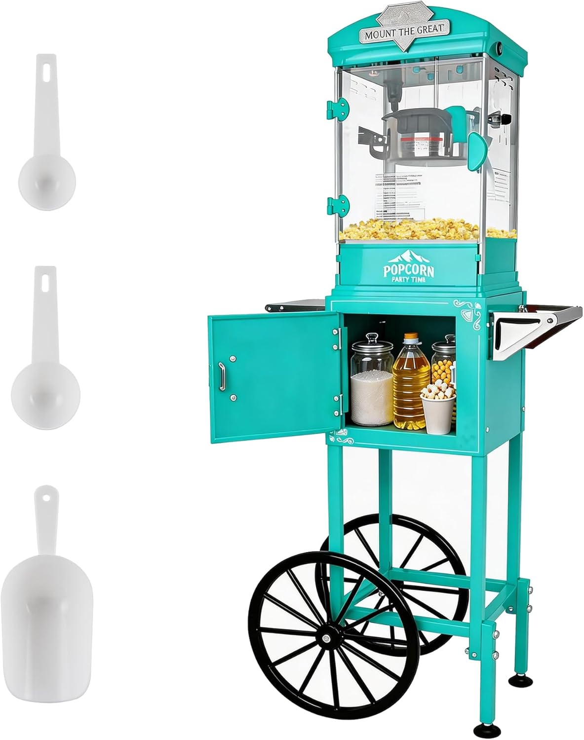 8 Oz Popcorn Machine with Cart (Cyan) - Vintage Popcorn Maker - One Touch Operation, Makes Up to 30 Cups for Movie Nights, Party, Events