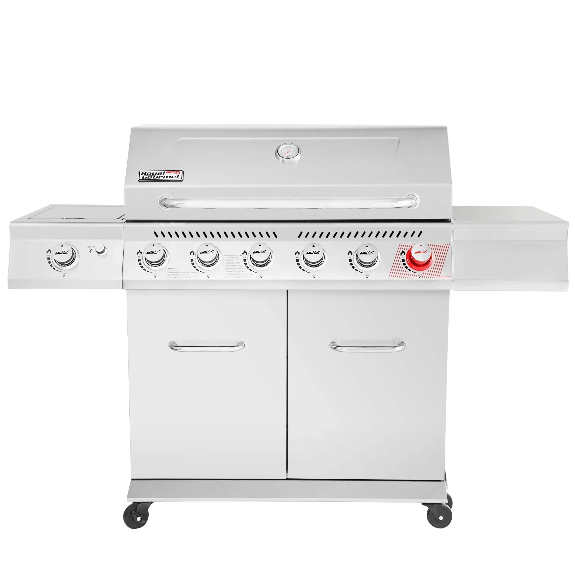 Gourmet GA6402S Stainless Steel Gas Grill, Premier 6-Burner BBQ Grill with Sear Burner and Side Burner, 74,000 BTU, Cabinet Style, Outdoor Party Grill, Silver