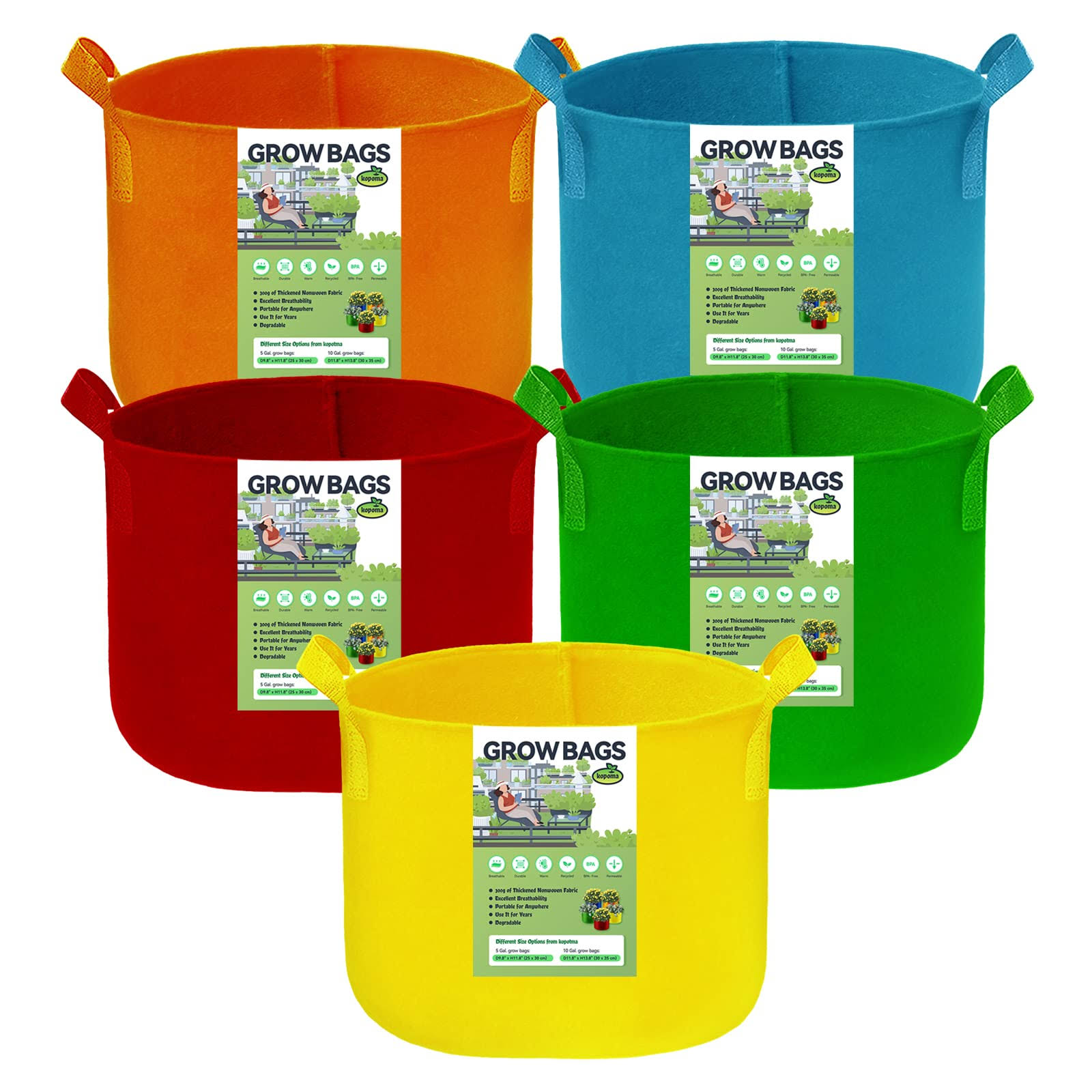 kopotma 10 Gallon Multicolor Grow Bags, Non-Woven Fabric Pots Garden Plant Tomato Planter Bags for Vegetables Flowers, 5-Pack