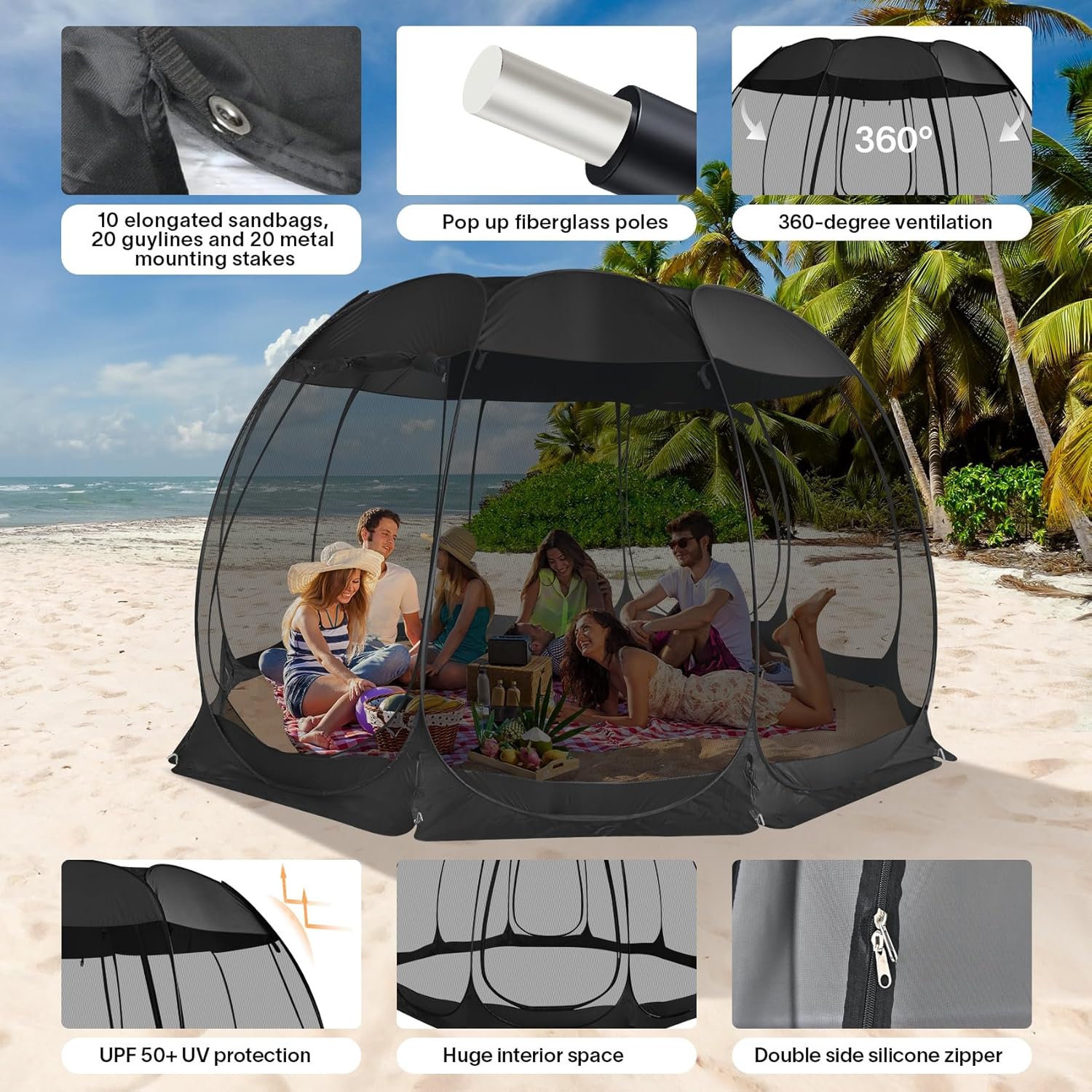 Gazebo moustiquaire pouvant accueillir 6, 10 ou 15 personnes. Tente de style igloo avec moustiquaire latérale. Idéal