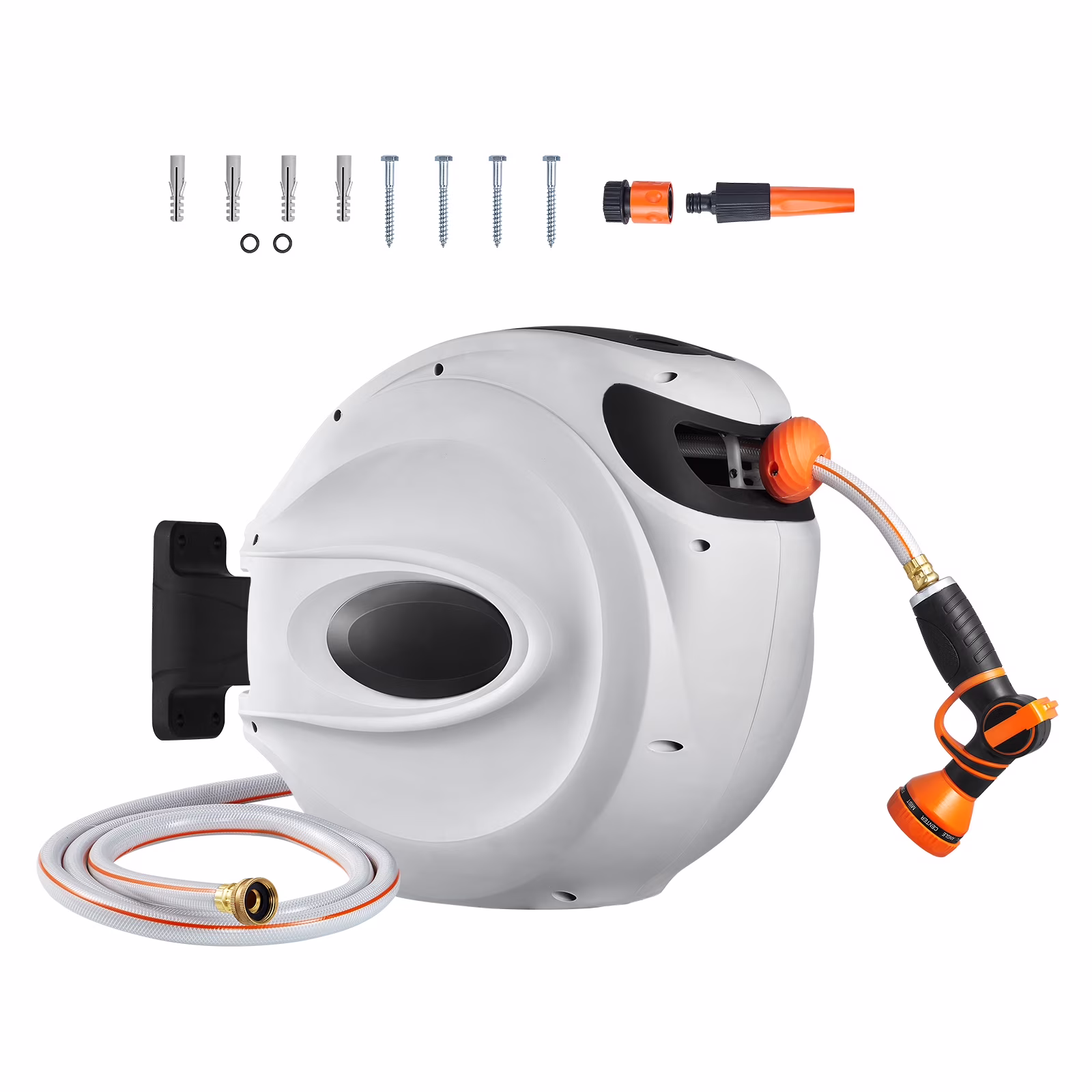 BENTISM Retractable Hose Reel, 65 ft x 5/8 inch, 180�� Swivel Bracket Wall-Mounted, Garden Water Hose Reel with 9-Pattern Nozzle, Automatic Rewind, Lock at Any Length, and Slow Return System