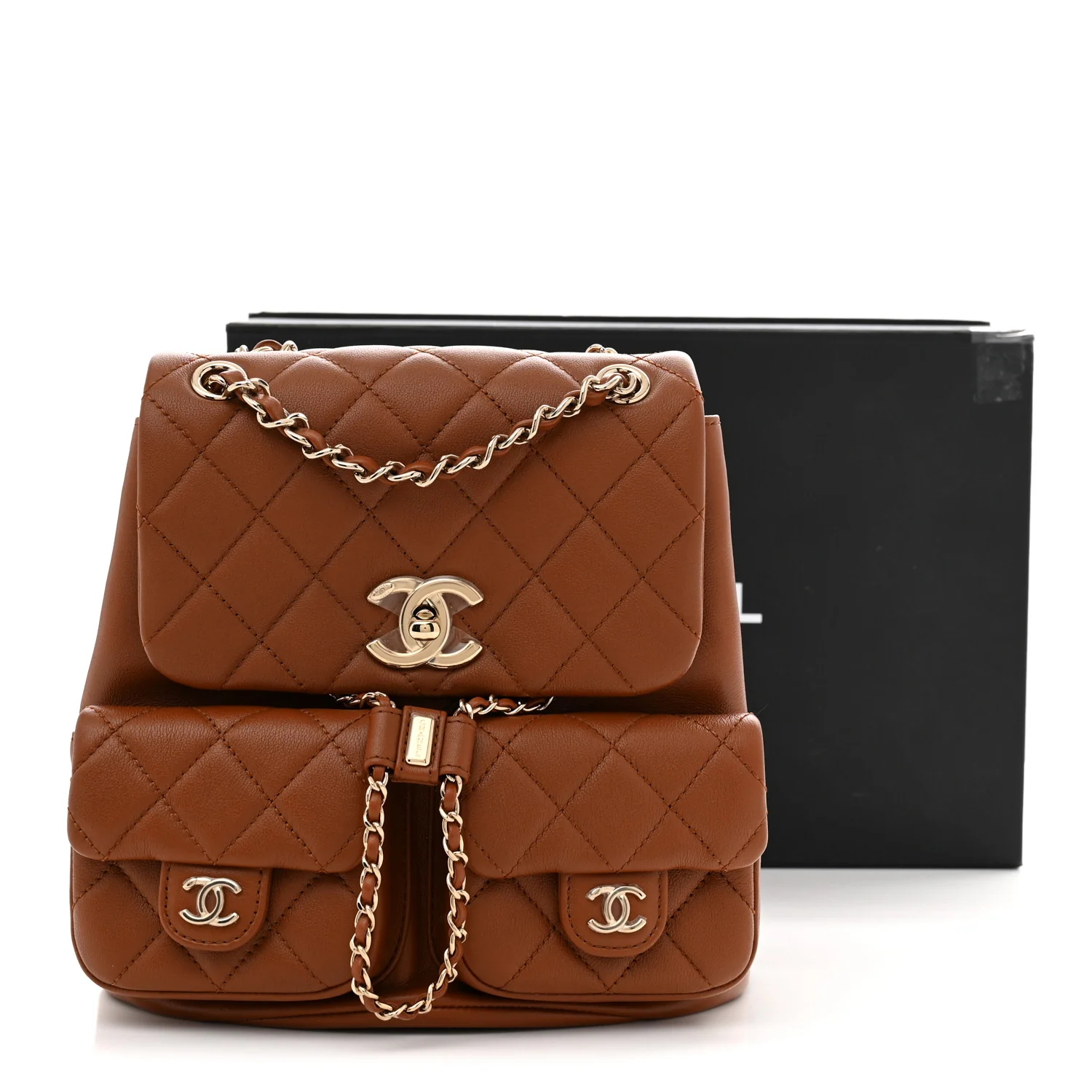 Calfskin Quilted Medium Duma Pockets Drawstring Backpack Light Brown