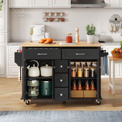 Eifson – Desserte de cuisine avec plan de travail rabattable – 5 tiroirs et placard – Roulettes silencieuses – Dimensions 140x65x89 cm – Noir