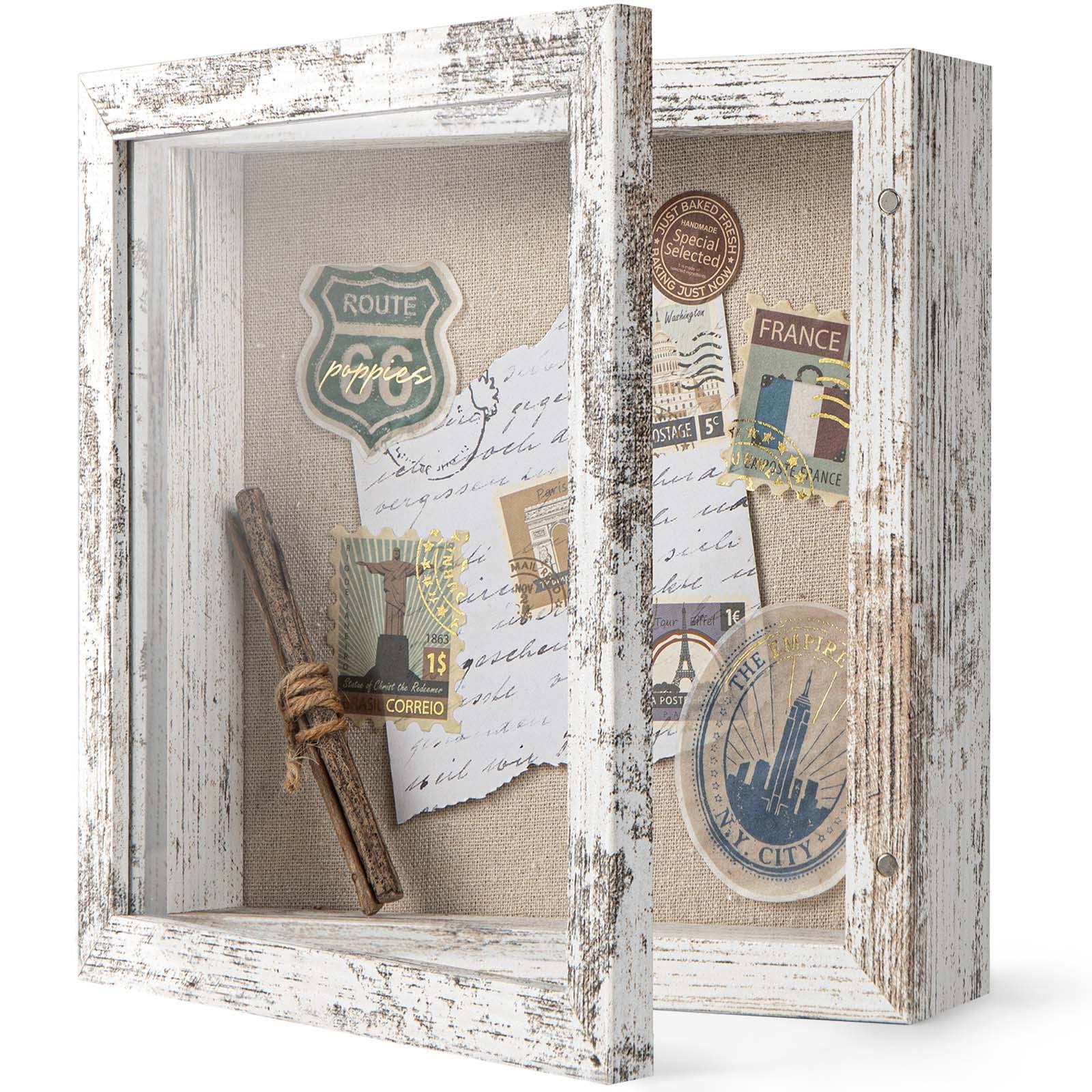 8x8 Shadow Box Frame with Soft Linen Back - Easy Opening Memory Display Case of Flower, Pictures, Art and More, Rustic White