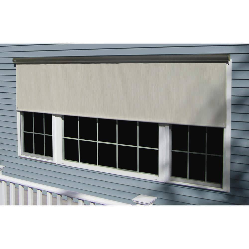 Coral White Cordless Hand Crank Light Filtering Vinyl Horizontal Exterior Roll-Up Shade 84 in. W x 84 in. L