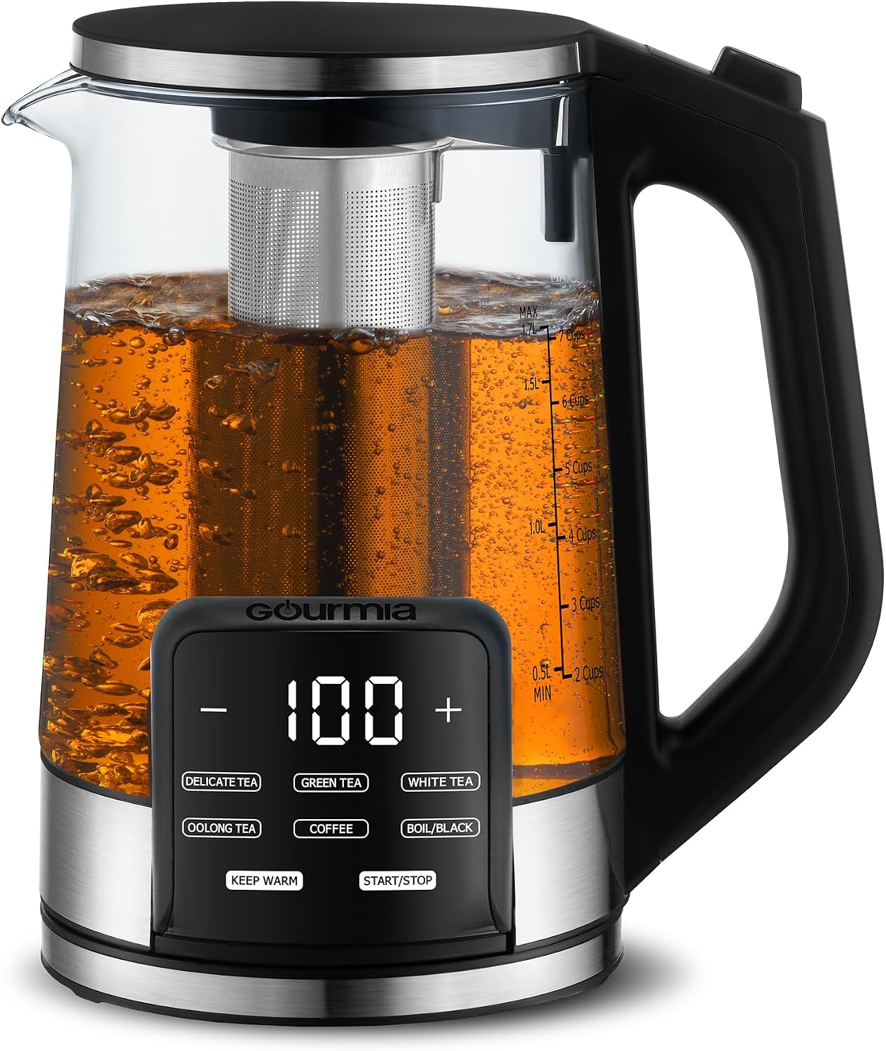 Gourmia Electric Glass Kettle – 1.7L Programmable Tea & Coffee Brewer with Digital Touch Display, 6 Presets, Removable Stainless Steel Infuser, Cordless with 360° Rotation° Swivel Base, Black