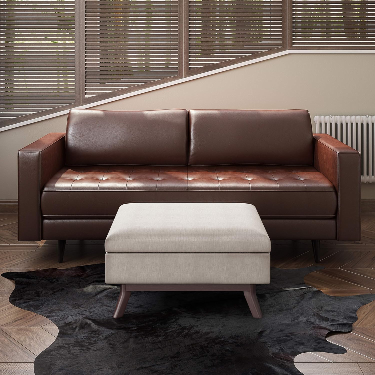SIMPLIHOME Owen Coffee Table Storage Ottoman - 34 inch Wide Upholstered Linen Look Fabric Rectangular Lift-Top Ottoman in Natural, Mid-Century Modern Bench for Living Room with Tapered Legs