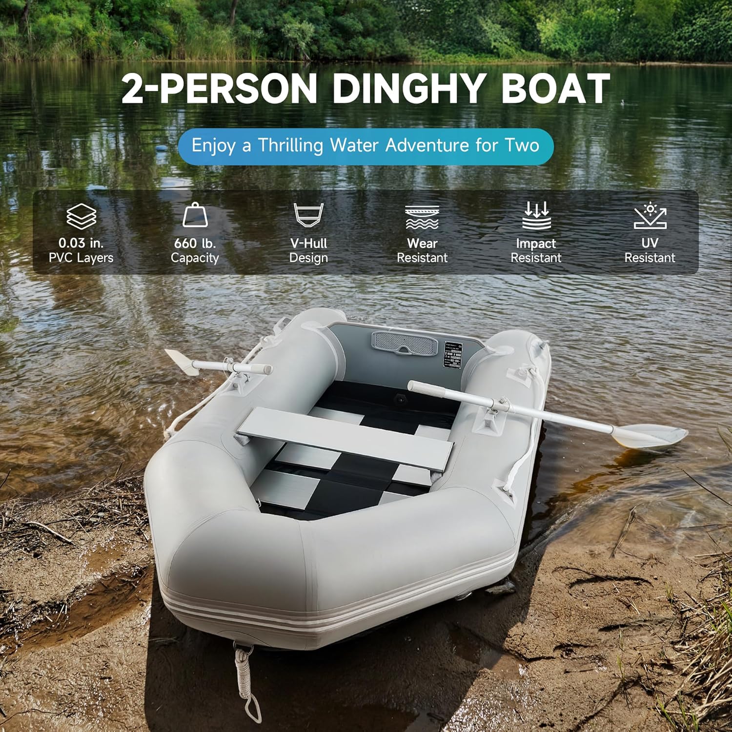 Bateau pneumatique de 2,3 m (7,5 pi), annexe de sport pour 2 personnes (300 kg/660 lb) avec pompe, rames en aluminium et plancher, kayak gonflable robuste pour adultes