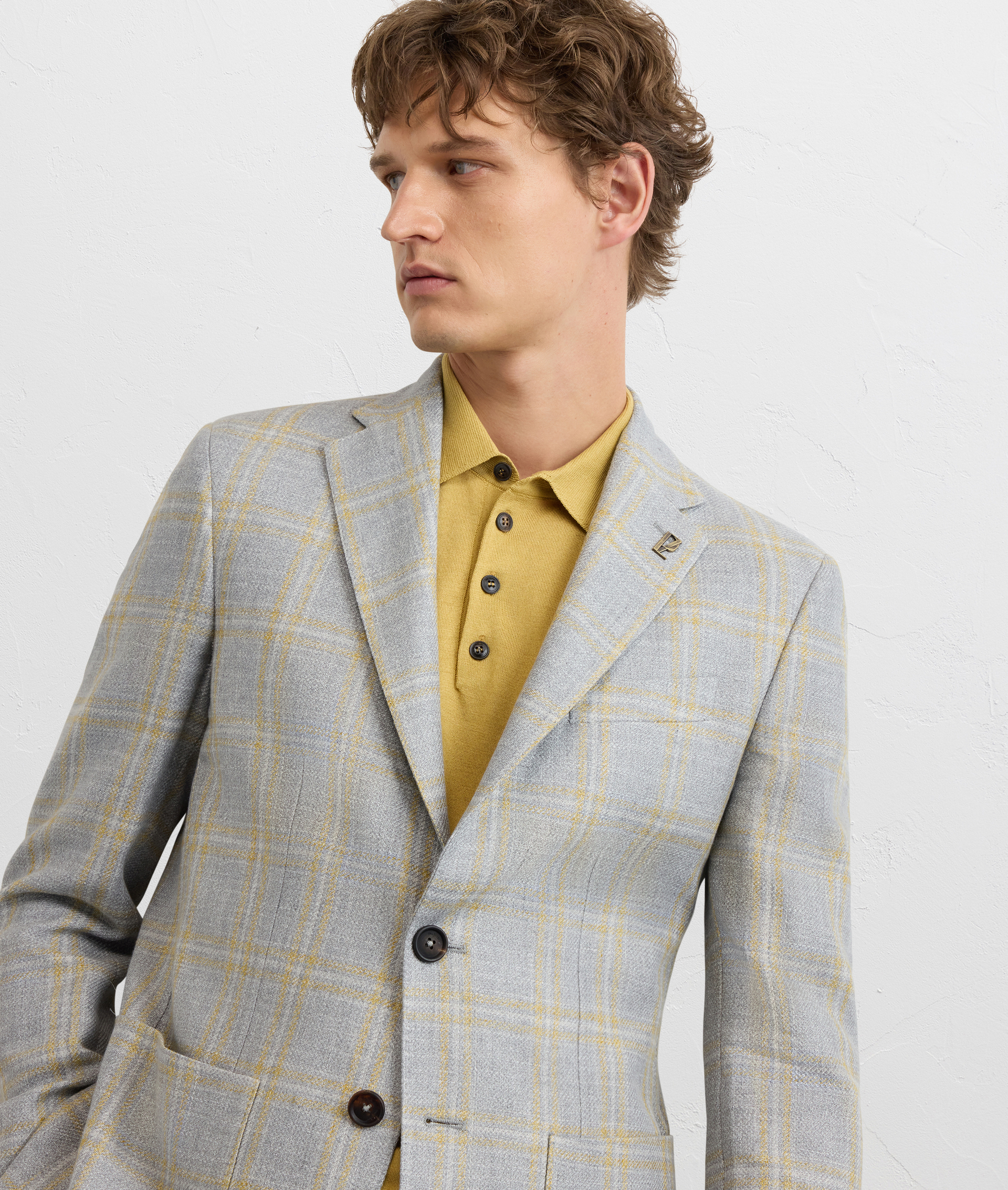 LIGHT GREY CHECKED COTTON AND LINEN BRERA LINE UNLINED JACKET