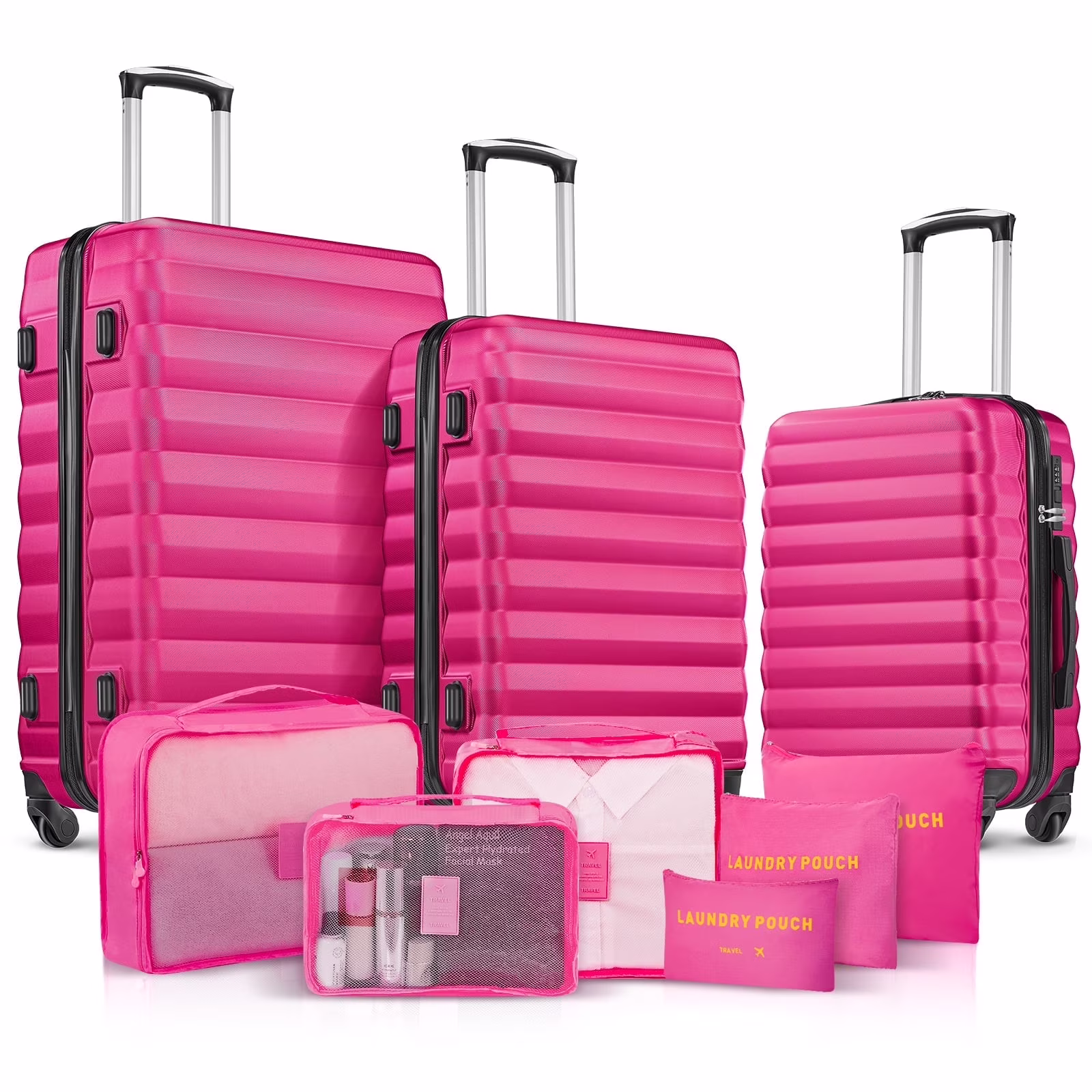9 Piece Luggage Sets, Hard 20 24 28 inch Luggage with 6 Pieces Organize Bags Travel Suitcases Sets with Wheels, Rose(Rose Red)