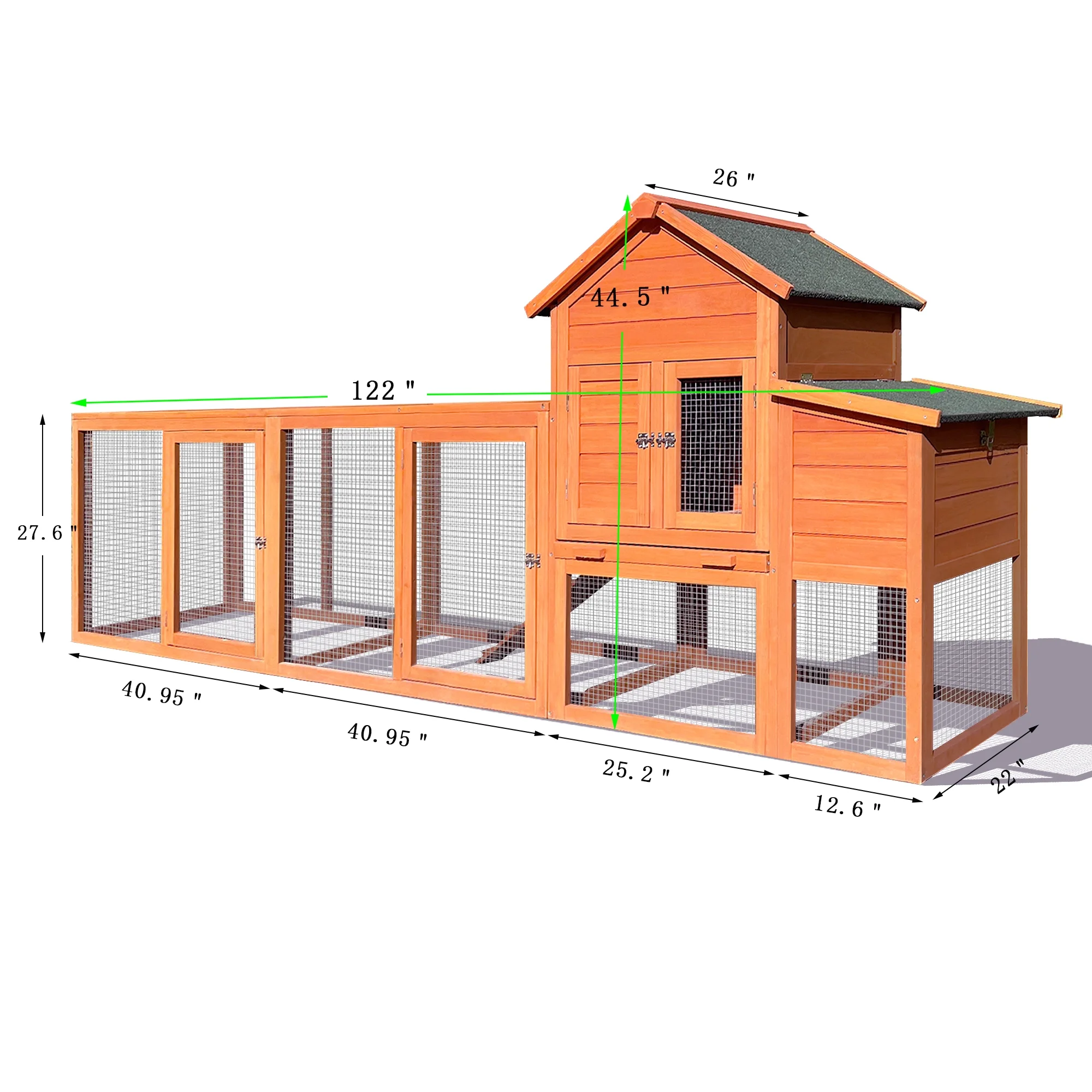 112" Large Rabbit Hutch Outdoor Wood Chicken Coop, Hen House with Nest Box, Wire Fence Poultry Cage, Orange(Orange) - Image 4