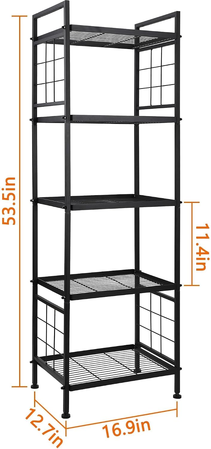 GIOTORENT 5-Wire Standing Book Shelf & Bookcase, Metal Storage Shelving Unit Pantry Rack for Laundry Kitchen Bathroom Organizer, Black