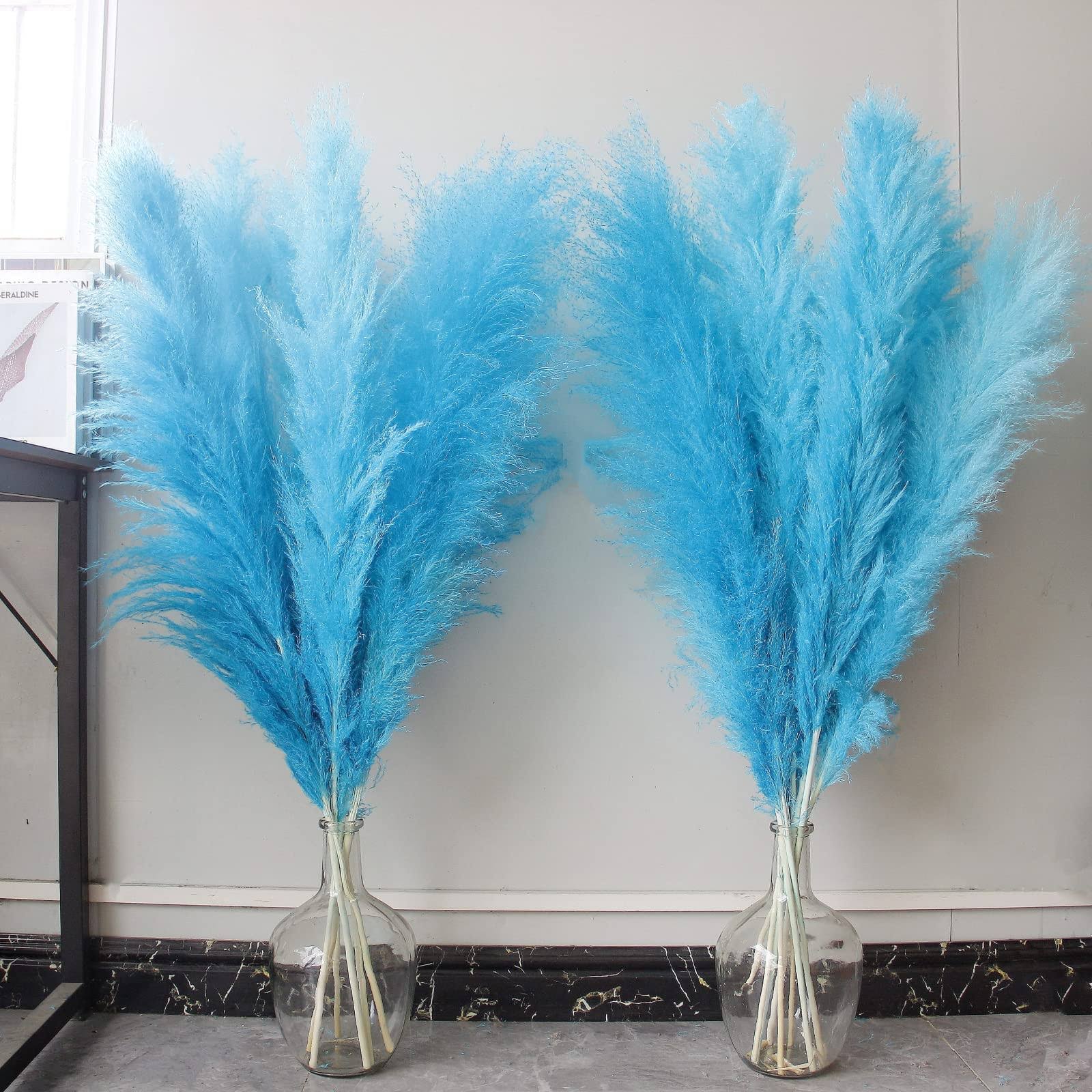 Dried Flowers: 10 Pcs of 46-Inch Blue Pampas Grass - Elegant Fluffy Decor for Floor Vases. Perfect for Boho Weddings and Blue Vase Home Decor