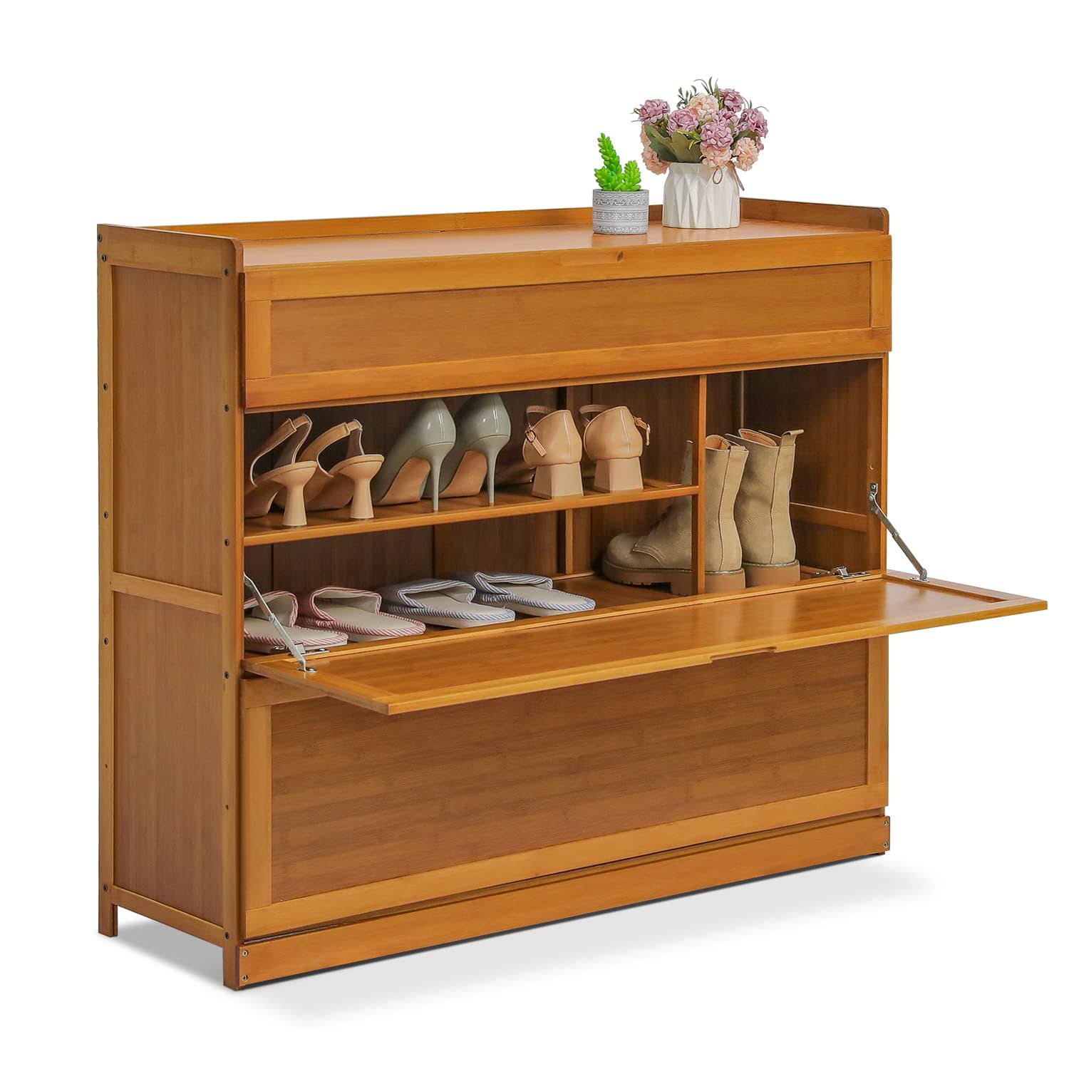 MoNiBloom Bamboo 5 Tier Shoe Storage Cabinet with Pull-Down Doors for