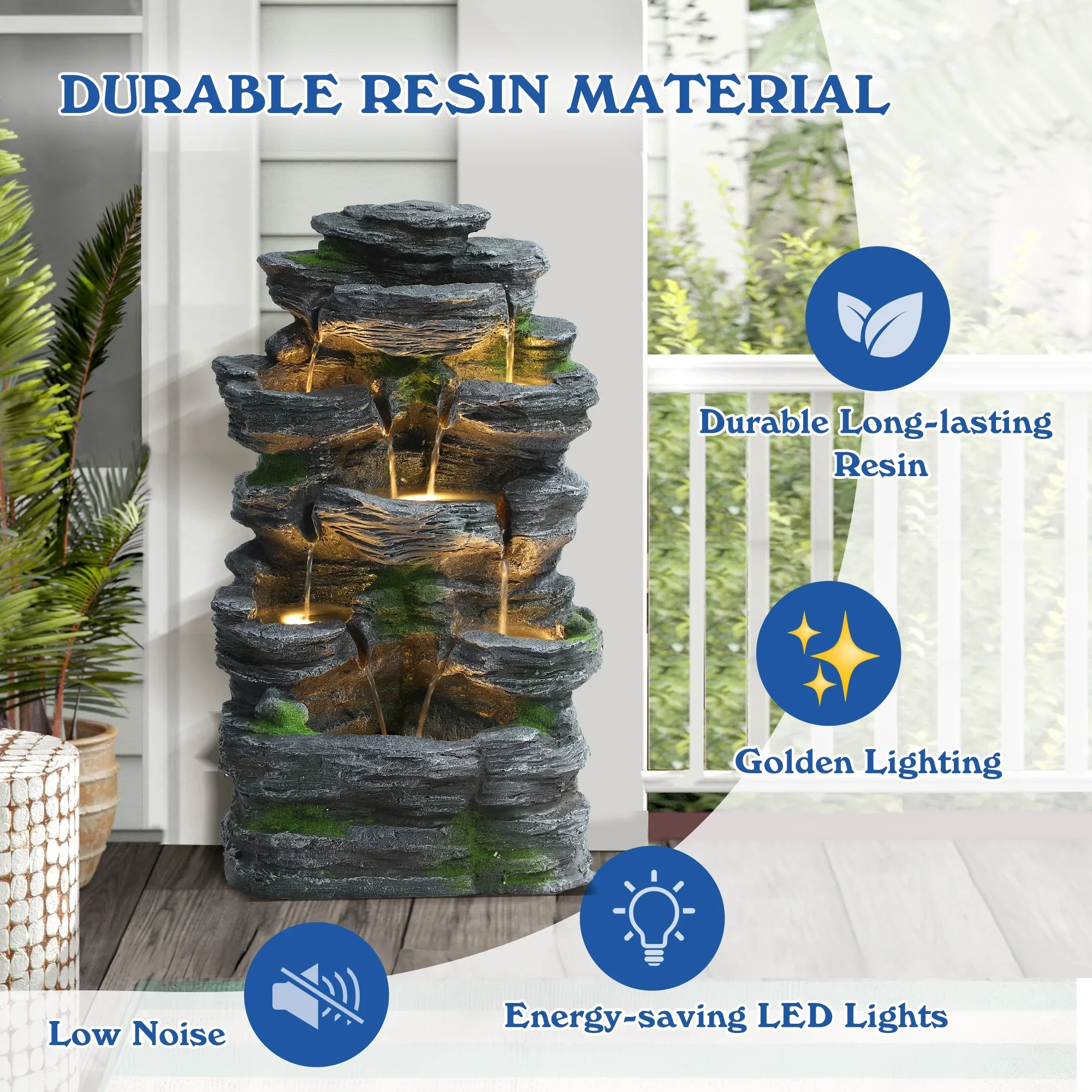 Magic Union 7-Tier Cascading Rock Water Fountain, 24 H Outdoor Freestanding Fountain with LED Lights and Pump, Outdoor Garden Waterfall Decor for Patio, Yard and Deck Decor, Natural Stone Look