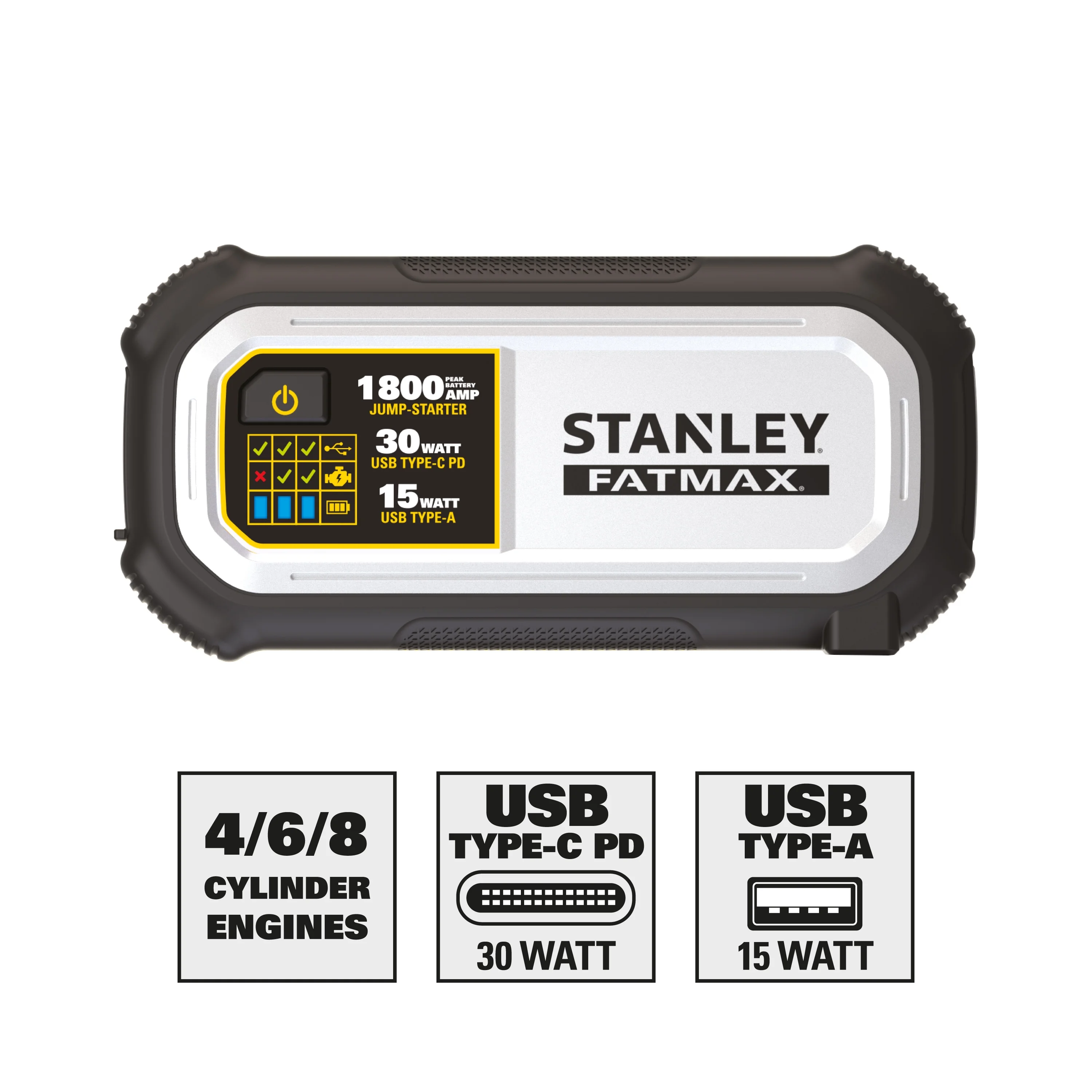 Stanley Fatmax 1800A Lithium Jump Starter with 30W USB - C - PD in/Out and 15W USB - A Out, Includes Clamps