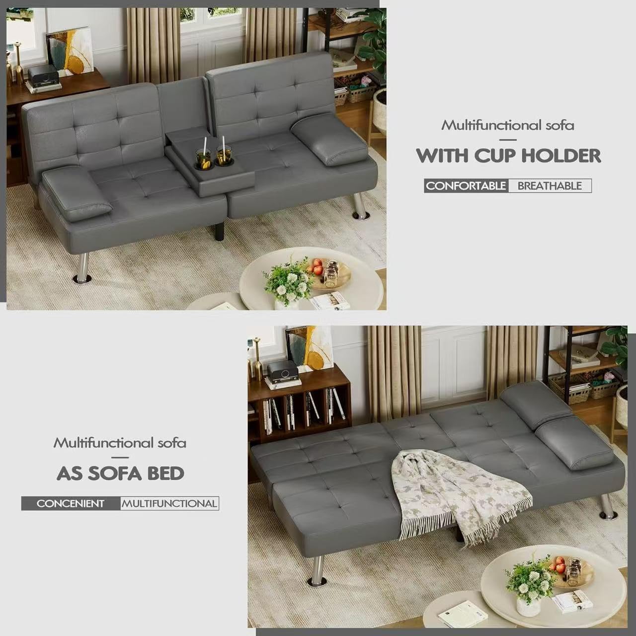 Canapé-lit futon Homall en cuir avec accoudoirs et fauteuil inclinable réglable