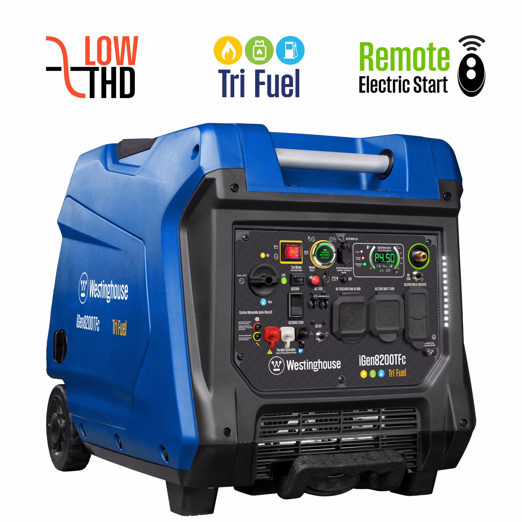 Westinghouse 8, 200 Peak Watt Portable Inverter Generator, Tri Fuel, Gas, Propane, Natural Gas Powered, Remote Start with CO Sensor