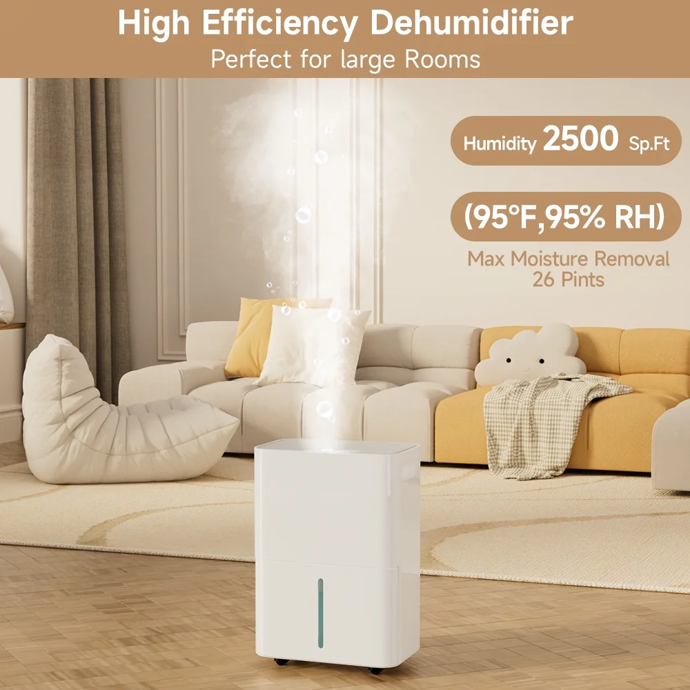 Dehumidifiers for Home, 2500 Sq.Ft with Drain Hose Max 26 Pints, Dehumidifier for Basement, Bathroom, Bedroom, Three Modes, Intelligent Humidity Control, Dry Clothes, 24HR Timer - Image 4