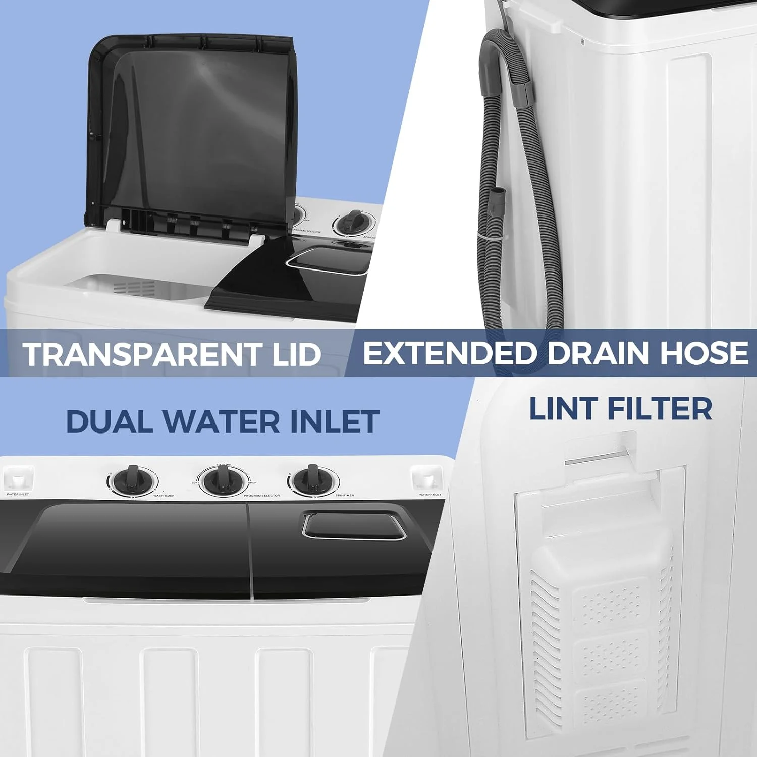 Portable Washer 30lbs, 2-in-1 Twin Tub Washer Dryer Combo Compact Semi-Automatic Washing Machine with Drain Pump, Black(Black) - Image 9