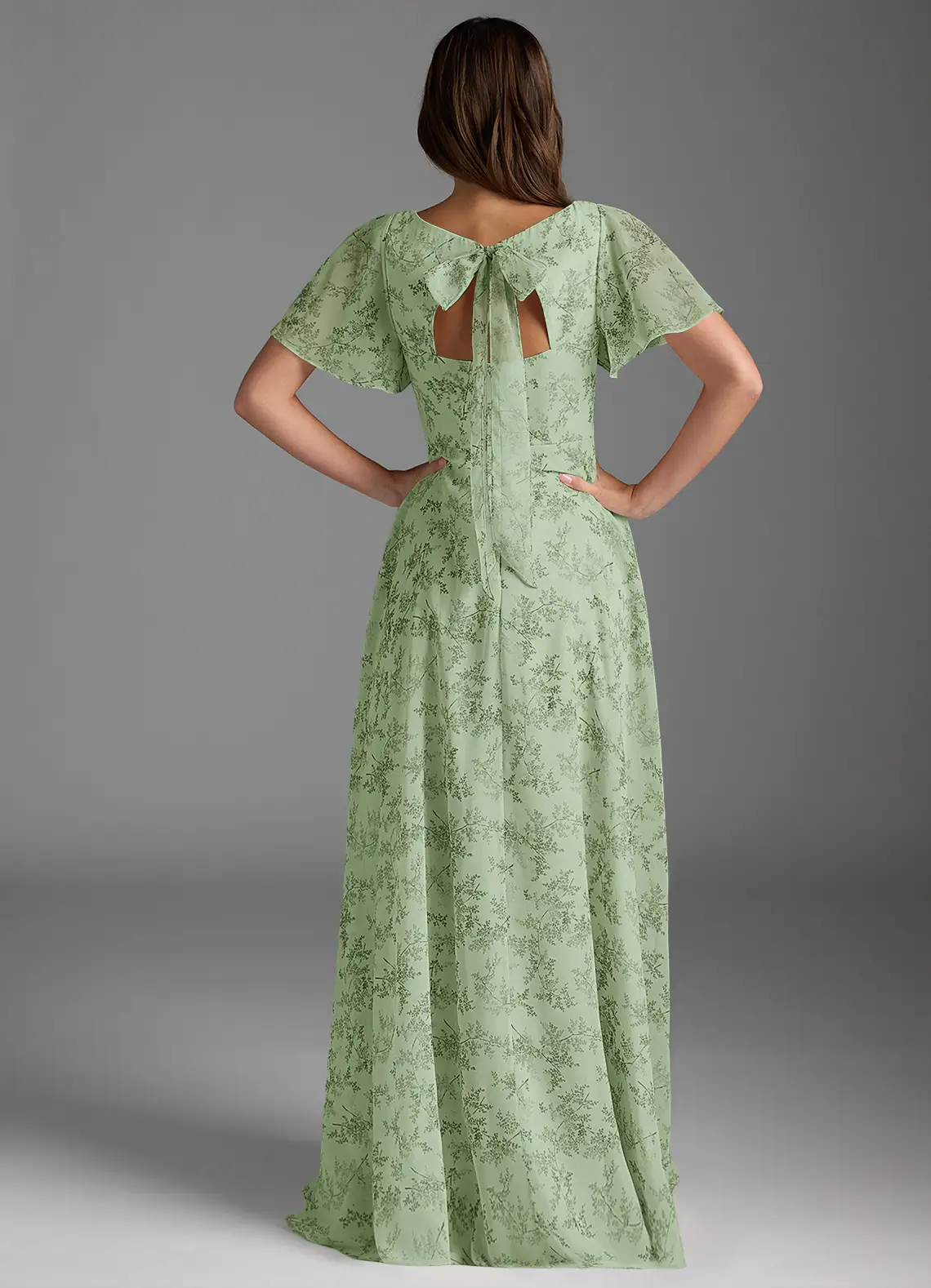 Green Fern Floral A-Line Flounce Sleeve Chiffon Dress