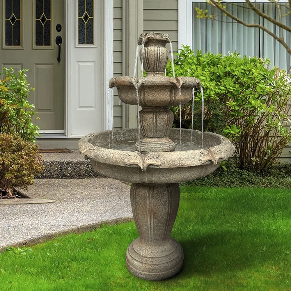 Indoor/Outdoor 3-Tiers Concrete Floor Water Fountain with Electric Pump for Patio Lawn Home Decor - Image 4