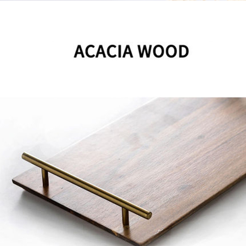 Acacia Wood Tray Plate Fruit Dessert Snack Food Serving Tray with Metal Handle