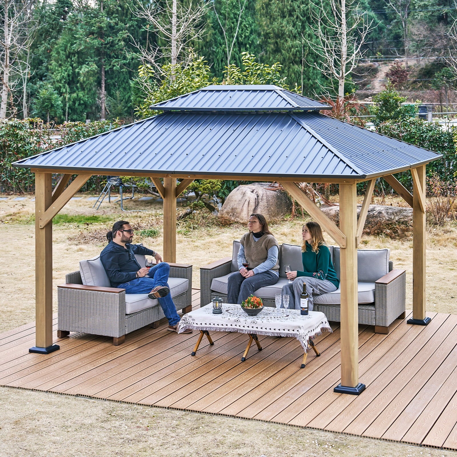 Jocisland Wood Gazebo 10'x12', Wind & Rain Resistant Design, Grill Gazebo for Garden, Backyard