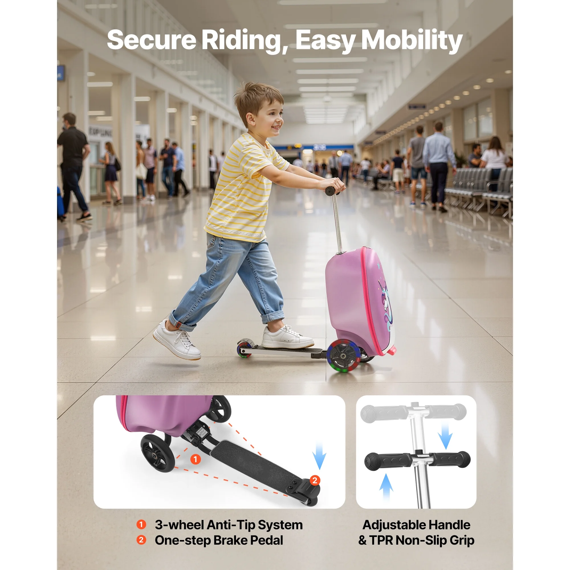Ride-on Kids Luggage, 20L Capacity, 20-Inch Scooter Suitcase with Flashing PU Wheels, Adjustable Handle Non-Slip Grip, Foldable and Lightweight Travel Companion for Children Aged 5+, Purple - Image 3