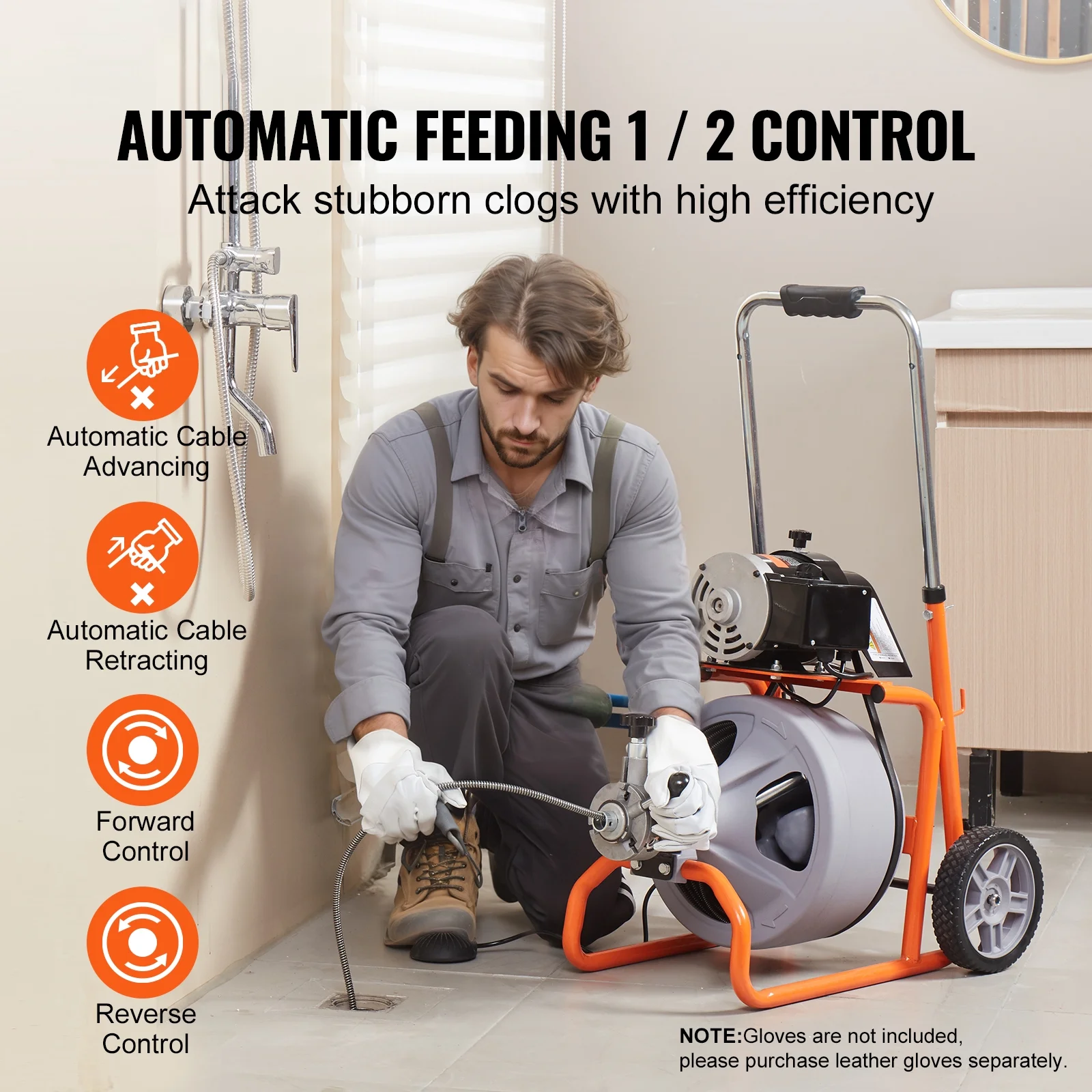 Sewer Snake Auger, 100FT x 3/8 Inch with Auto Feed, Mounted on Wheels, Includes 8 Cutters Foot-operated Air Switch, Ideal for Clearing 2"-4" Pipes - Image 8