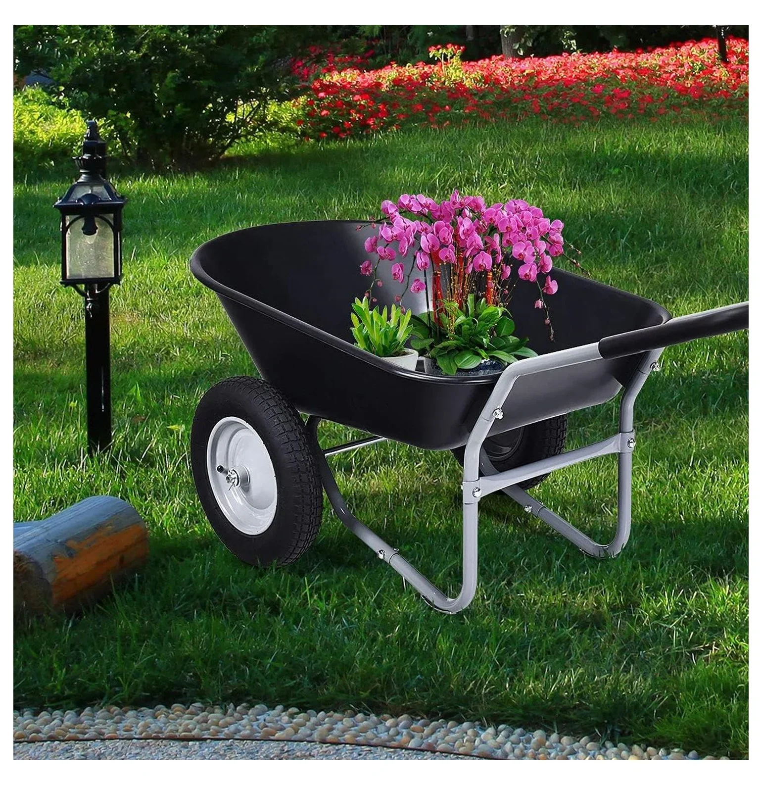 IRONMAX Garden Dual-Wheel Wheelbarrow, Heavy Duty Utility Yard Cart w/ 2x14���� All- Wheels & Built-in Stand, Wheel Barrow for Lawn, Yard, Farm, Gardening & Planting (Black)