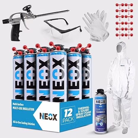 Spray Foam Insulation Kit Closed Cell, 12x 29.6 Oz Cans, Covers 240 Sq.Ft. High-Density Polyurethane Foam with Gun, Cleaner, Gloves, Goggles, Body Suit All-in-One Sealing Solution