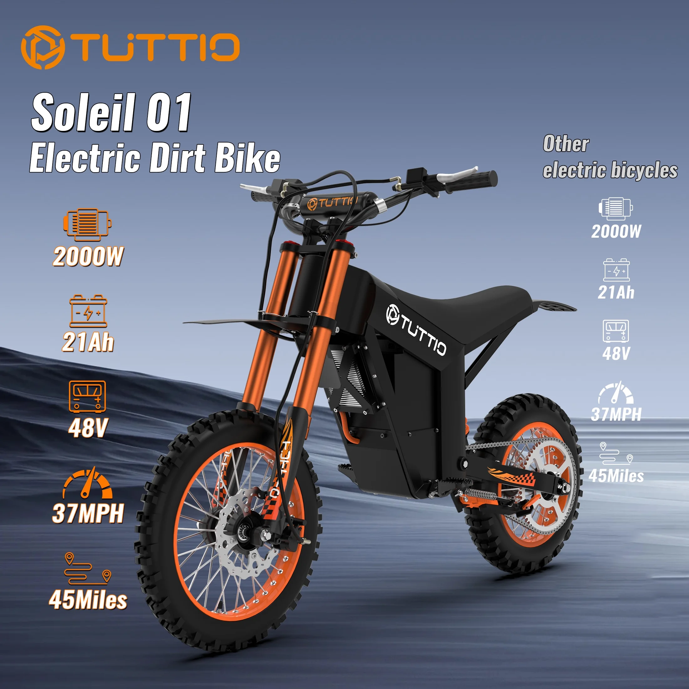 Soleil01 Adult Electric Dirt Bike (with Branded Helmet), 2000W, 48V 21Ah Battery, 37Mph Full Suspension Mountain E-Bike, 200Nm Torque All-Terrain Electric Motorcycle - Image 5