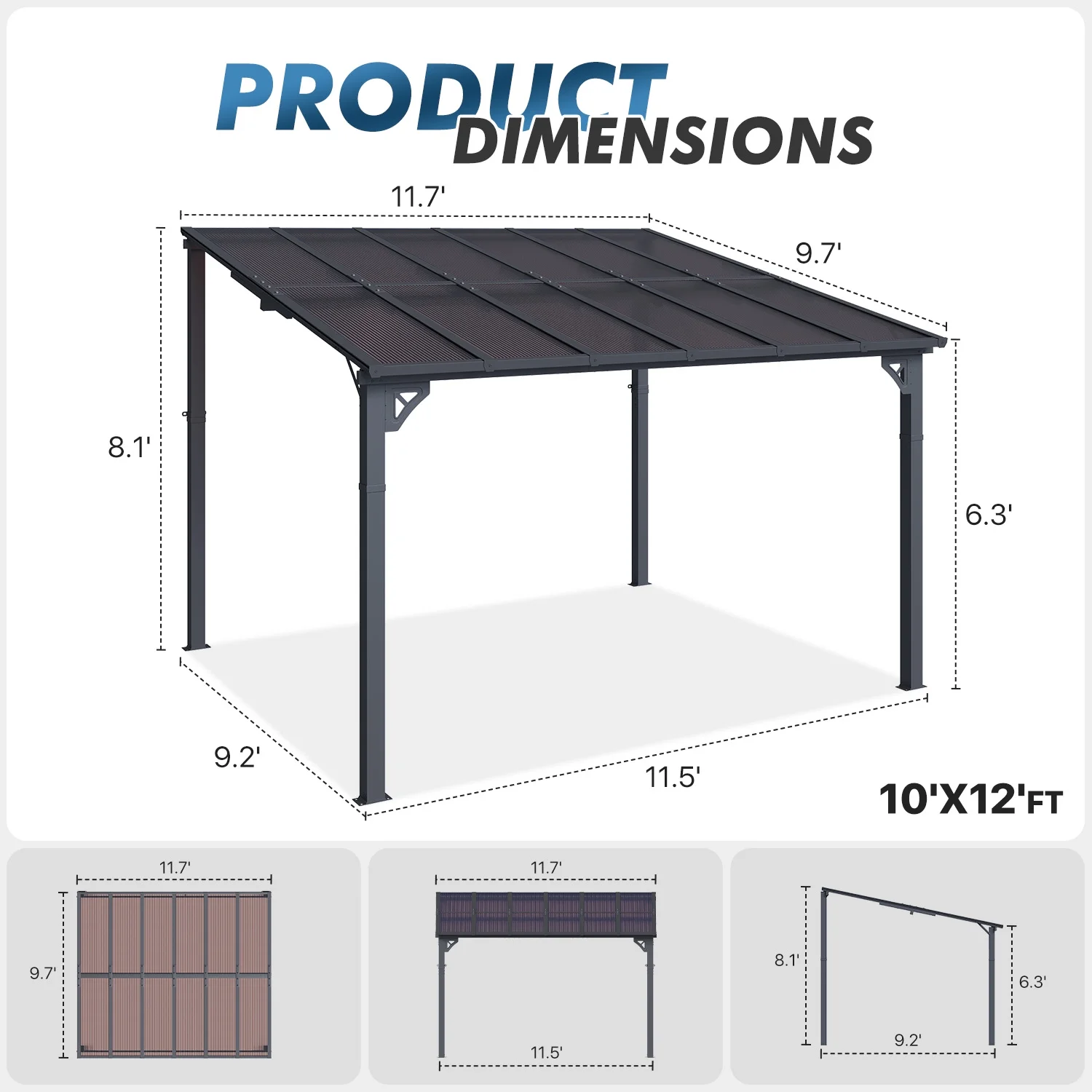 10'x12' Gazebo for Patio, Gazebo Pergola with Sloped Roof, Large Wall-Mounted Heavy Duty Awnings, for Patio, Deck and Backyard(10' x 12') - Image 6