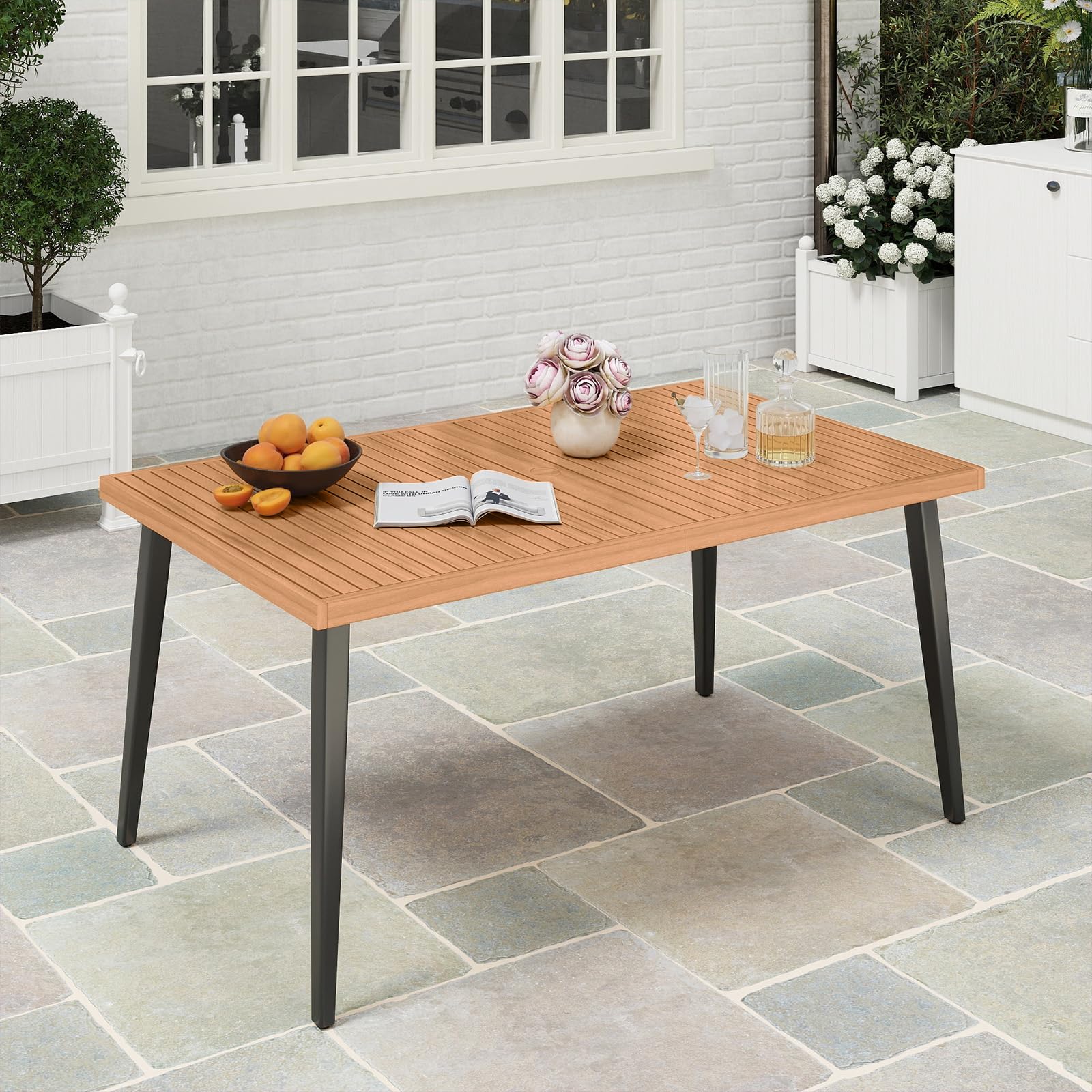 Tangkula 63 Inches Outdoor Indoor Dining Table with 1.97 Inches Umbrella Hole and Metal Legs