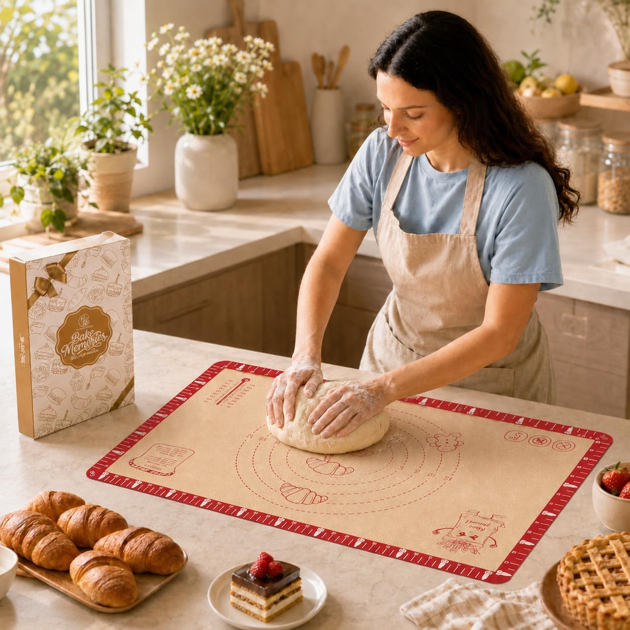 Extra Thick Silicone Baking Mat with Recipes - 26x16 inch Non-Stick Pastry Mat with Measurements for Sourdough, Macarons, Bread, Pizza, Dough Rolling, Kneading, Heat Resistant up to 480°F Gift for Baker