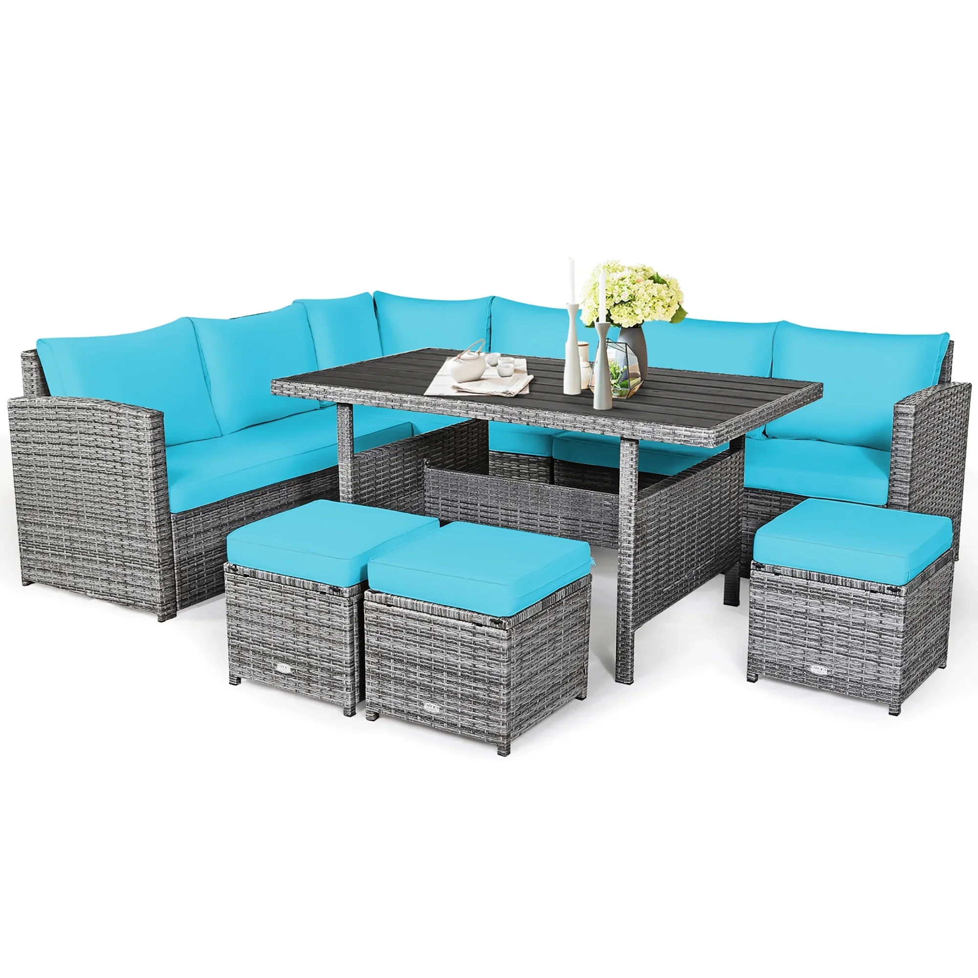 Costway 7 PCS Patio Rattan Dining Set Sectional Sofa Couch Ottoman Garden Red