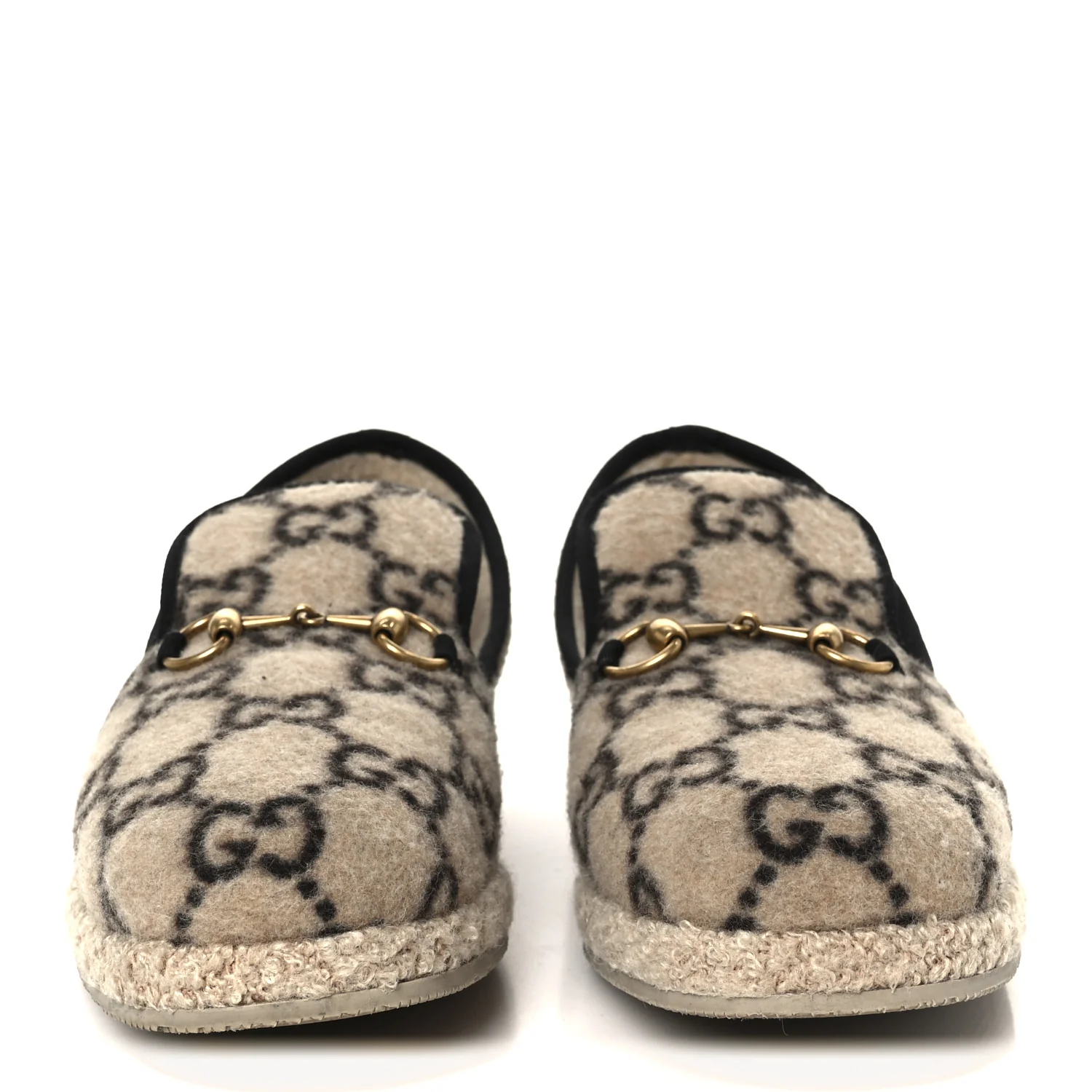 Covered Wool GG Monogram Mens Fria Horsebit Loafers 9 Beige Ebony Black Butterscotch