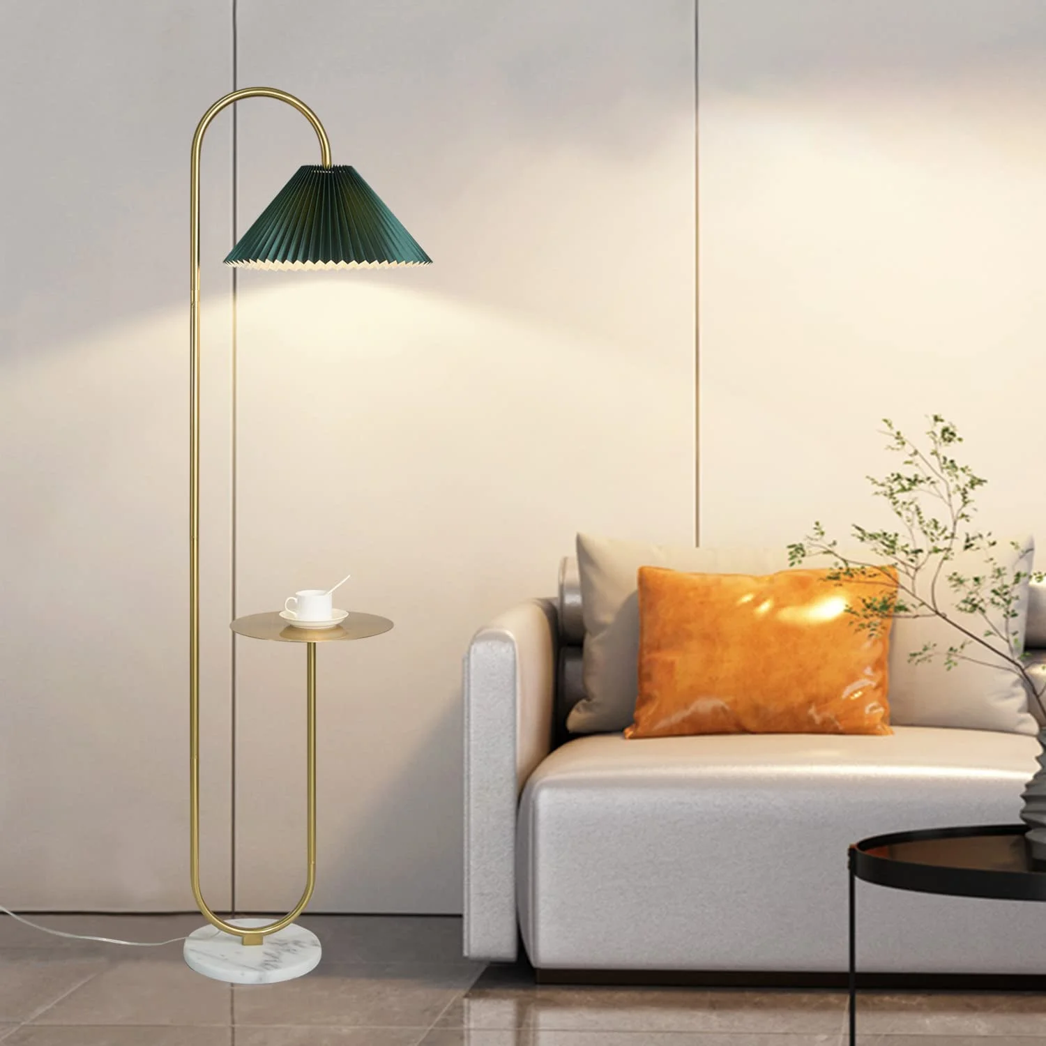 Modern Elegant with Tray Floor Lamp for Office Cafe Den Living Room Bedroom, Foot Switch and Brass/Gold Finish,Light Yellow Pleated Cloth Lampshade(Brass+Dark Green Lampshade) - Image 8