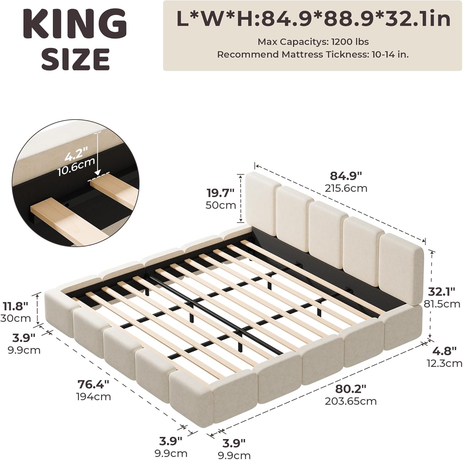 RECCI Cloud King Upholstered Platform Bed Frame, Low Profile Grounded Design with Plush Headboard & Footboard, Wood Slat Support, Noise-Free, No Box Spring Required, Beige