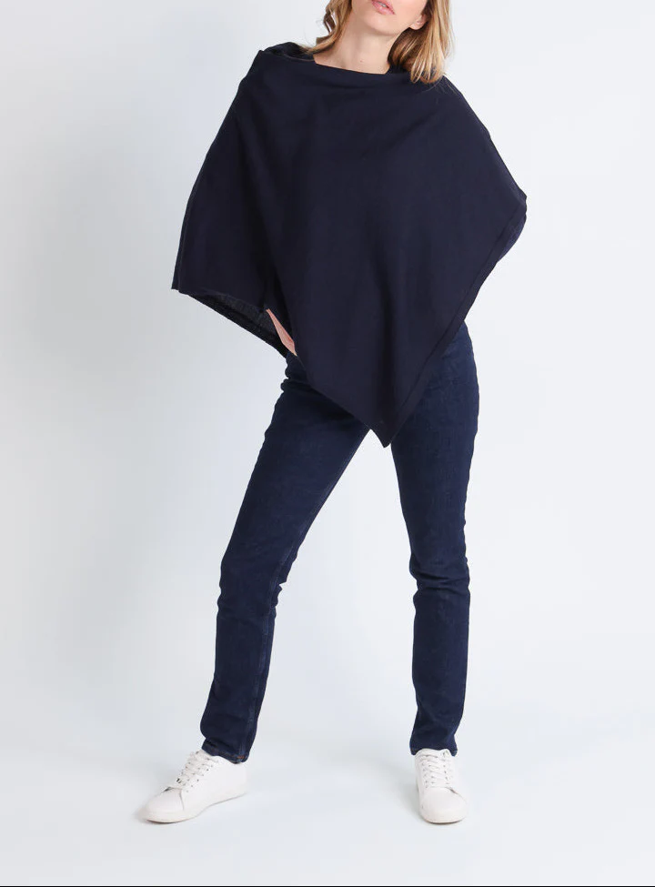 Poncho femme en laine mérinos bleu marine