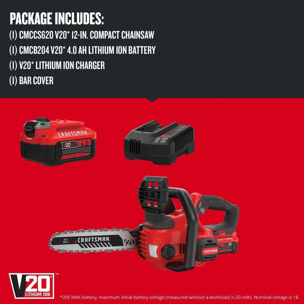 BLACK+DECKER V20 12 Battery Powered Chainsaw, Compact Design, Auto Oiling, Tool Free Tensioning