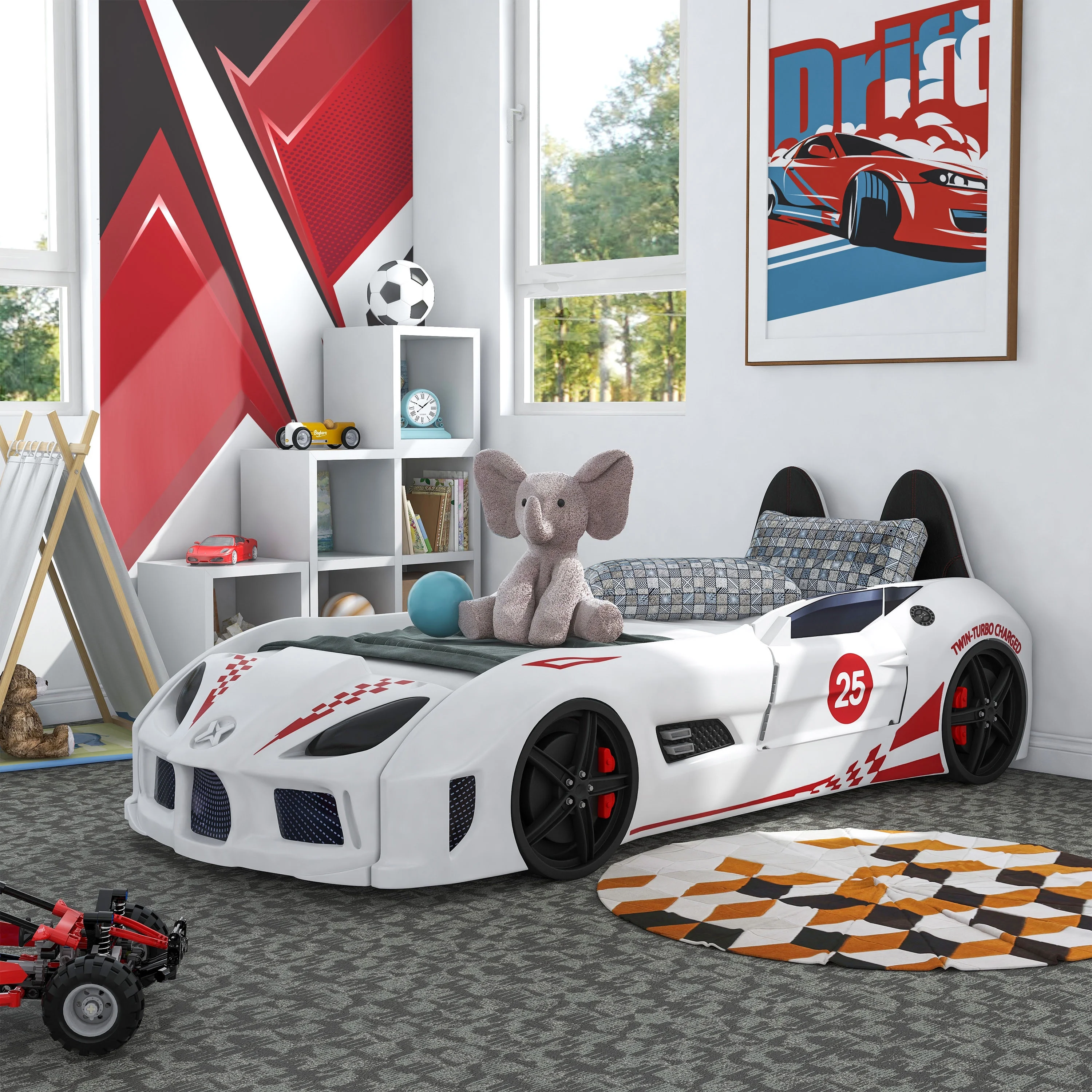 Dash Kids Plastic Twin Race Car Bed with LED and Sound, White(White) - Image 10