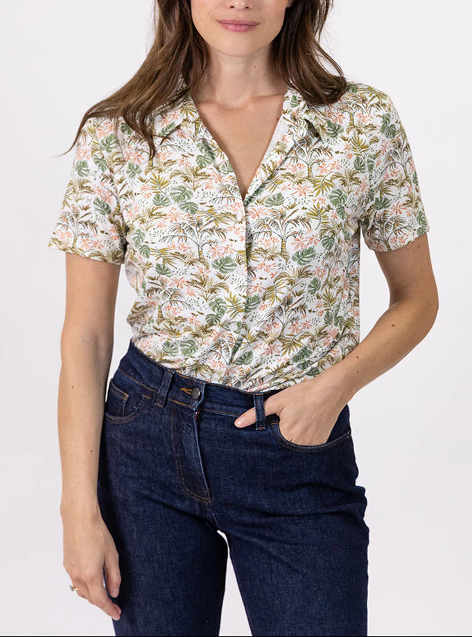 Chemisier à fleurs femme en maille vert feuillage
