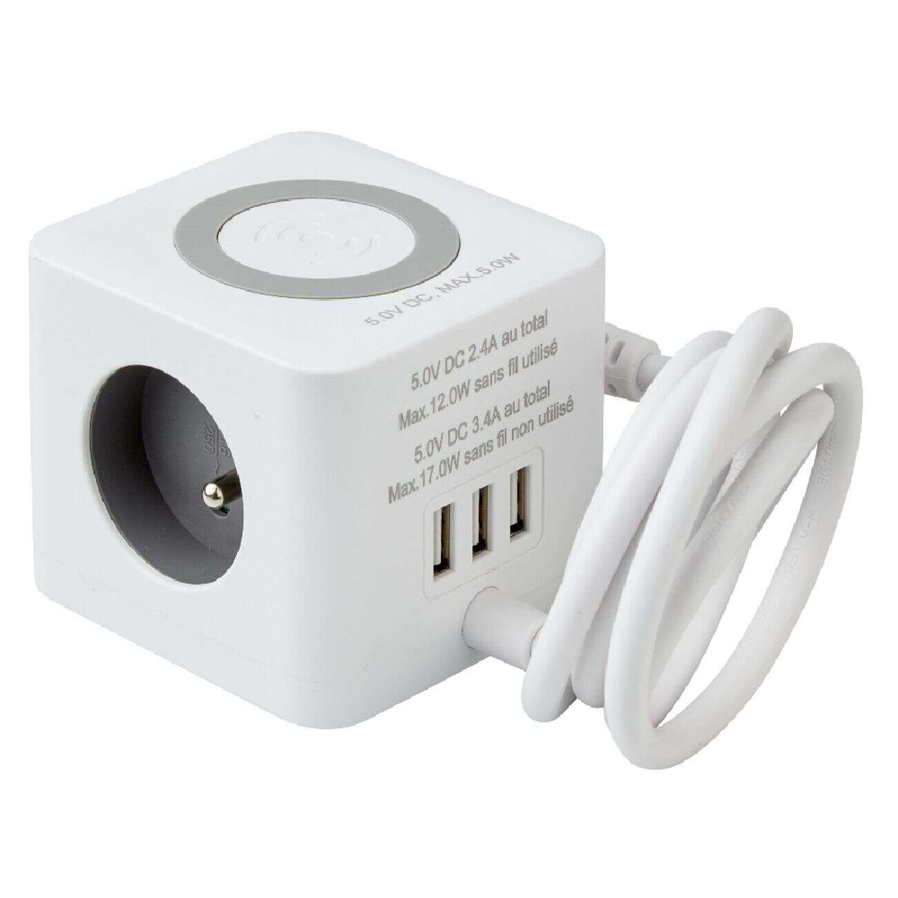 Bloc multiprise standard usb chargeur à induction carré blanc